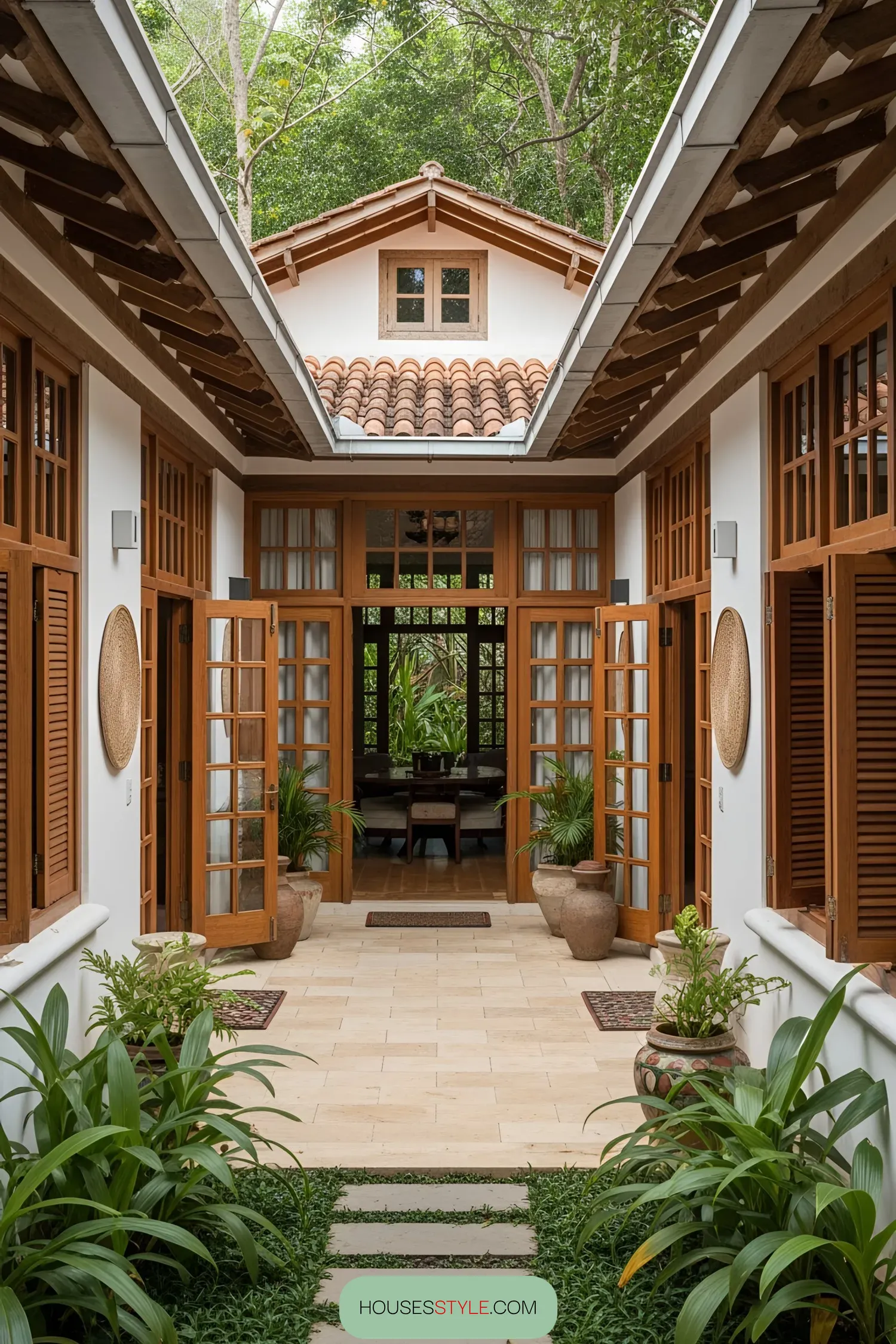 Charming colonial courtyard with wooden doors and lush greenery