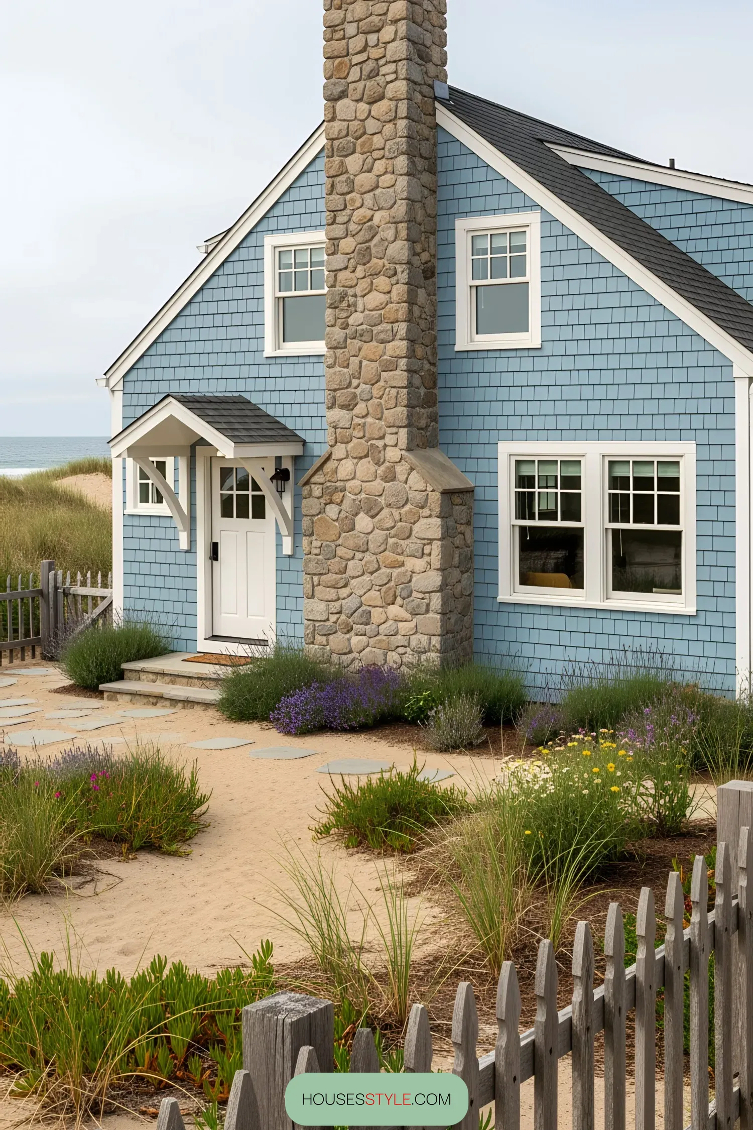 Blue coastal house with stone chimney by sandy garden