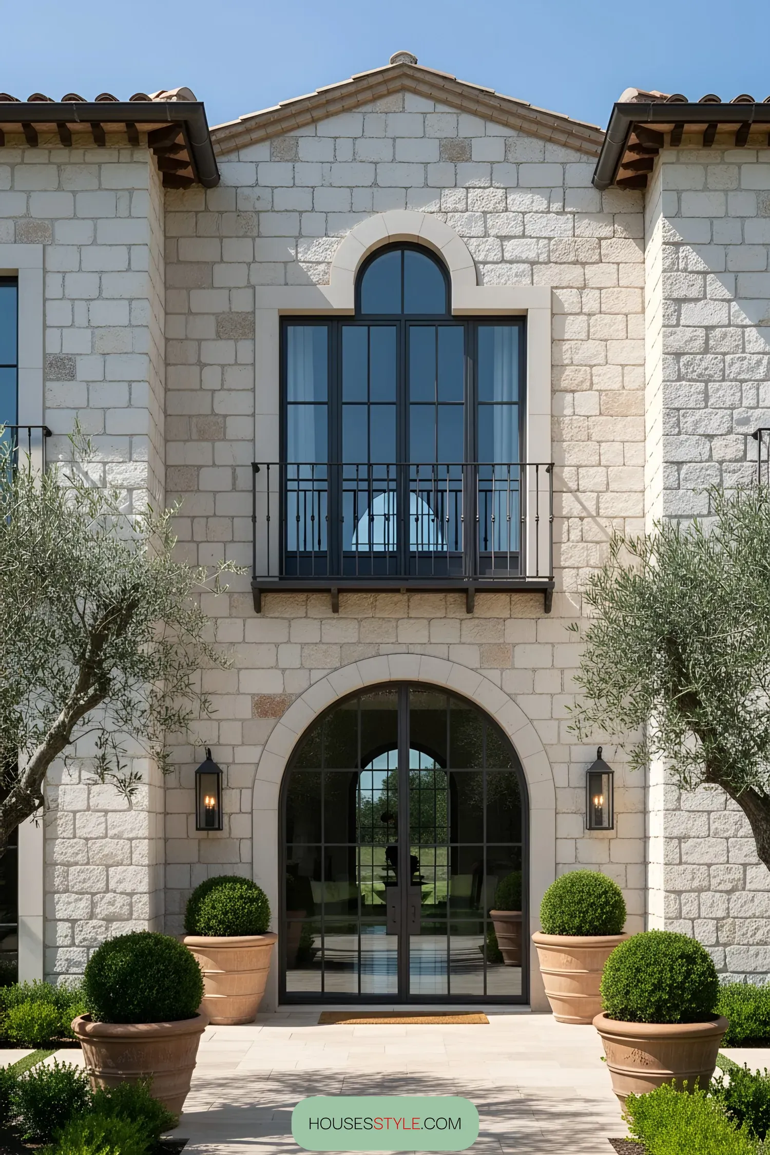 Modern Tuscan villa with stone exterior and arched windows