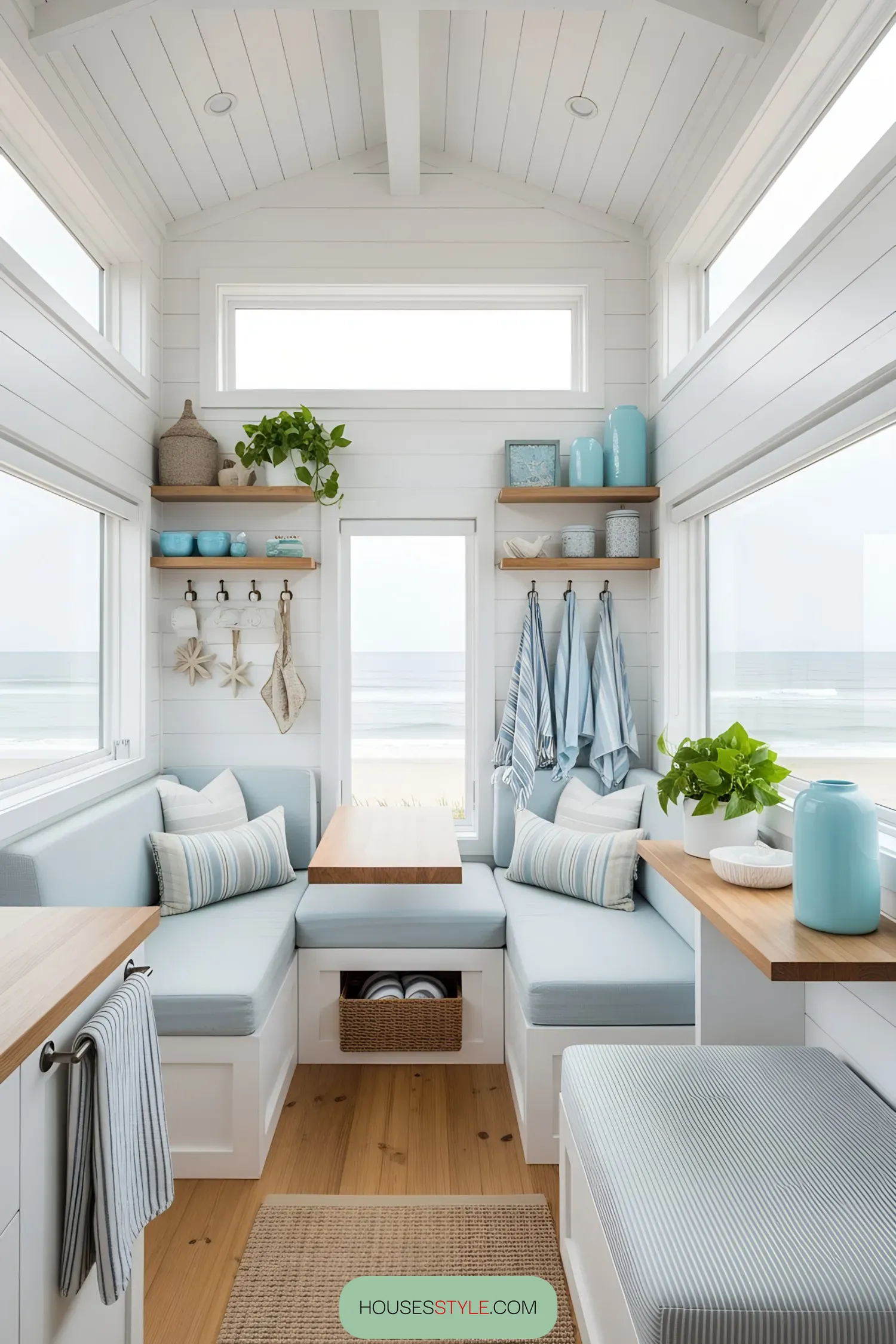 Beach house interior with sea view and cozy seating