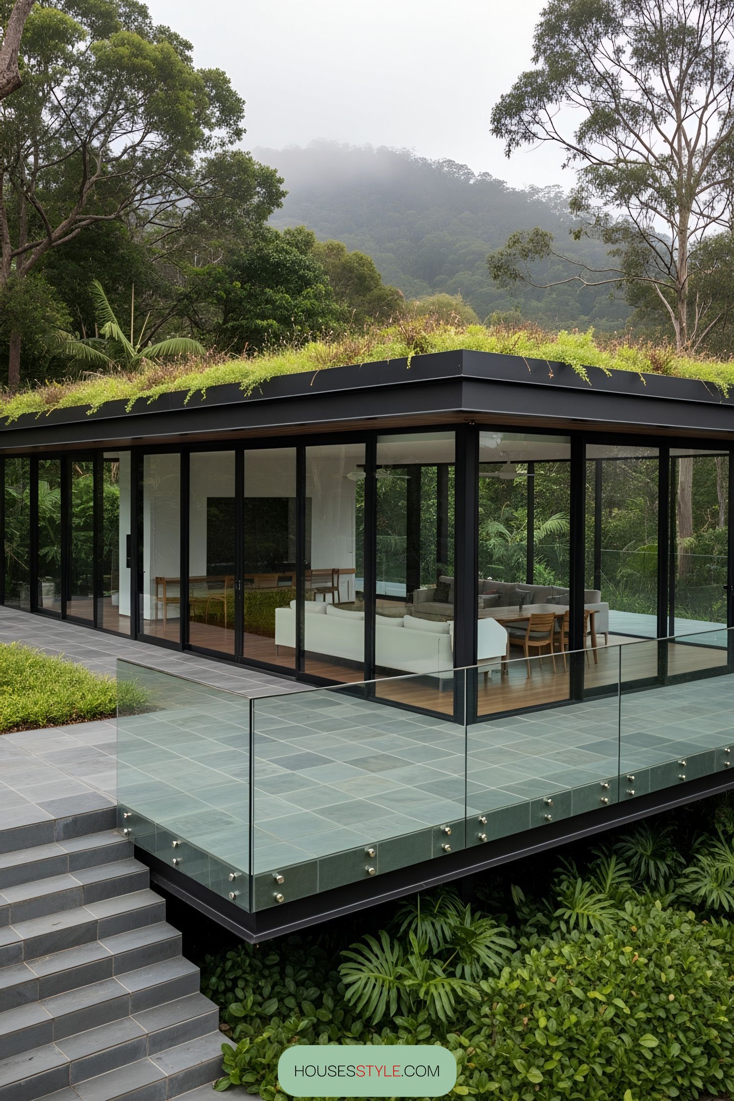 Modern glass terrace with greenery on the roof