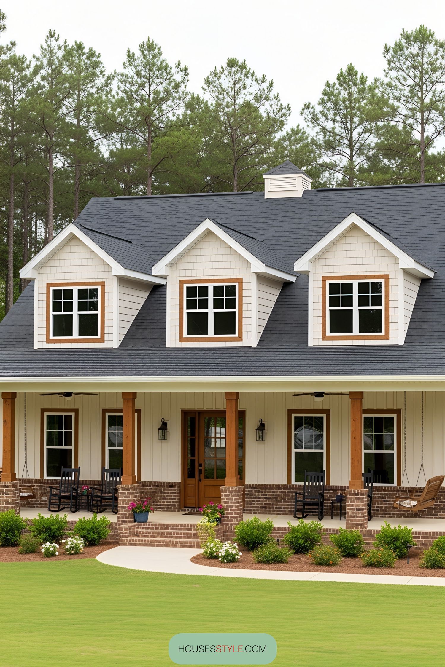 Charming barndominium with wraparound porch and lush surroundings