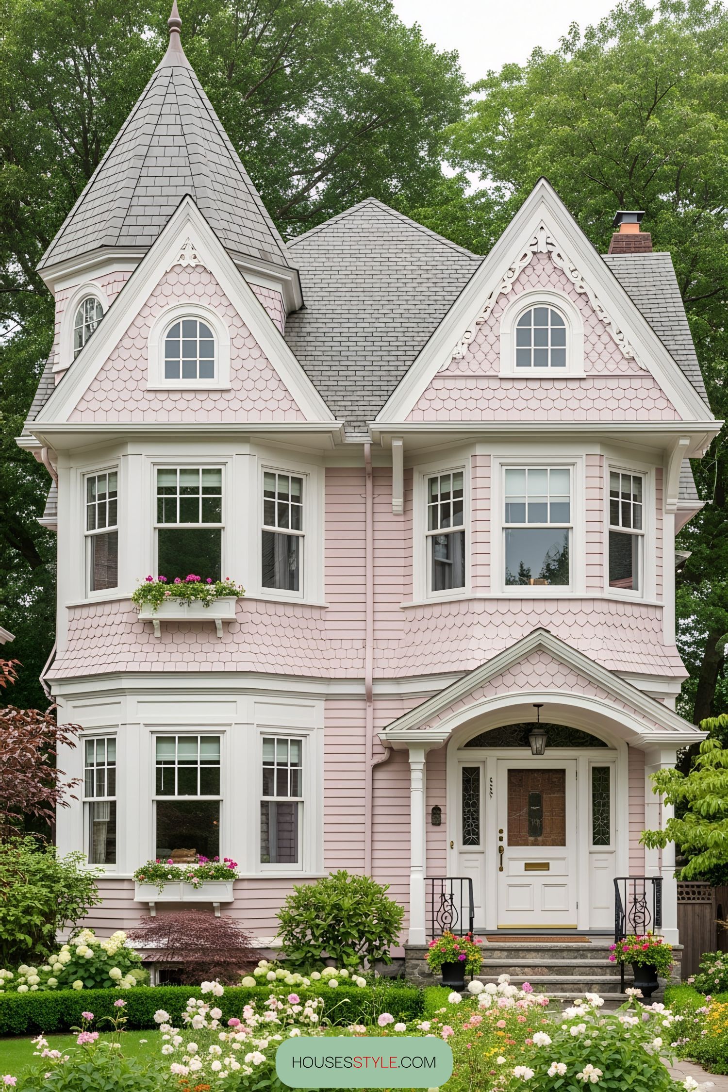 Charming pink Victorian house with turrets