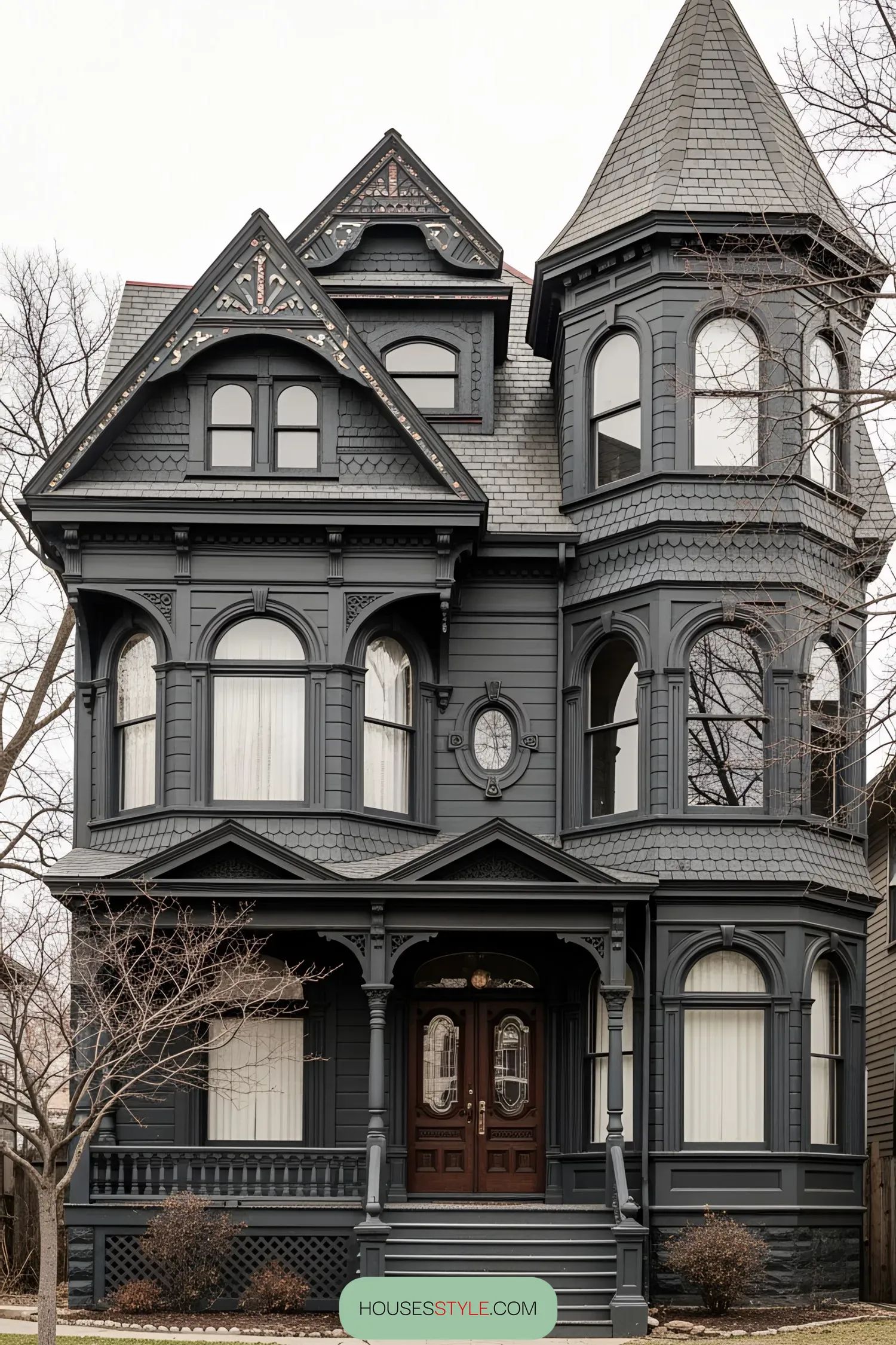 Elegant black Victorian house with a turret