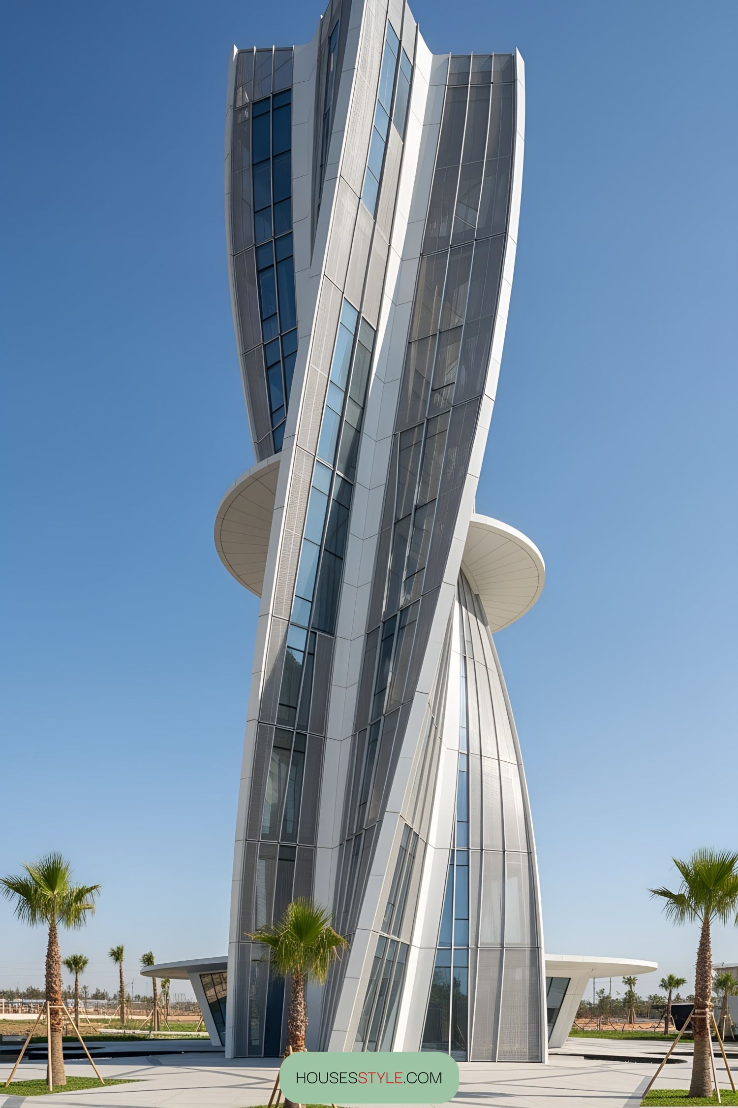 Futuristic twisting skyscraper against clear blue sky