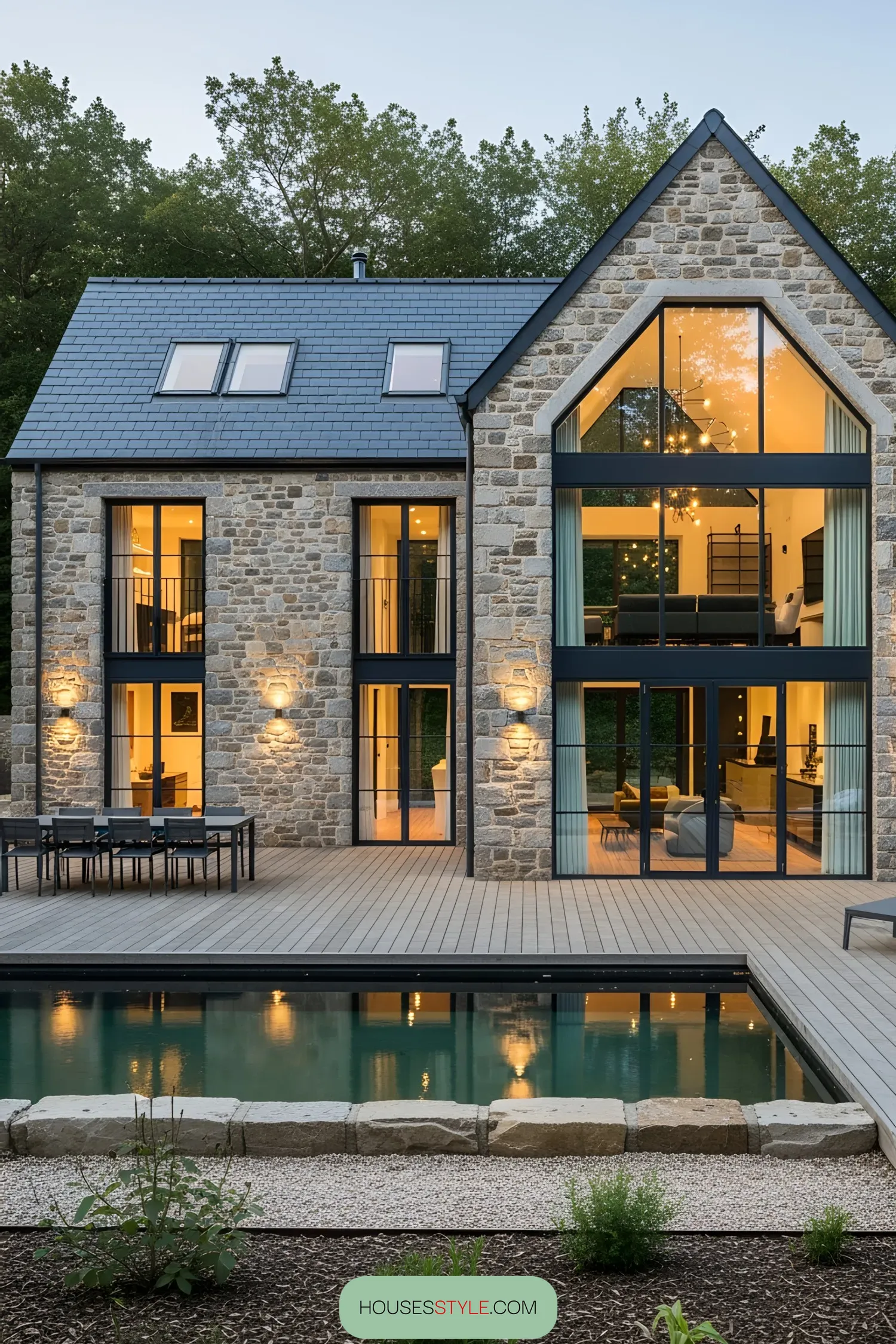 Stone manor with large windows and a pool