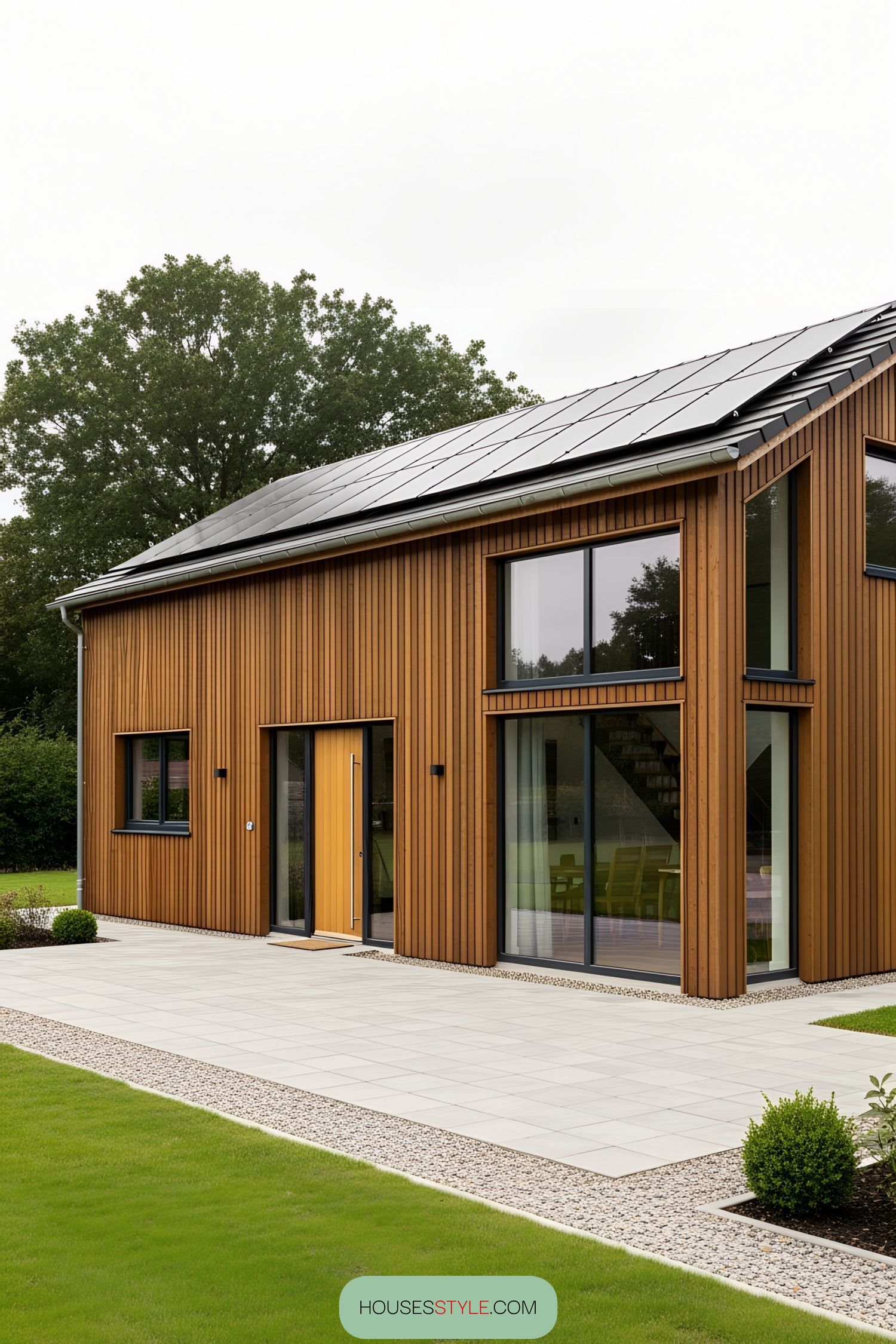 Wooden chalet bungalow with solar panels and large windows