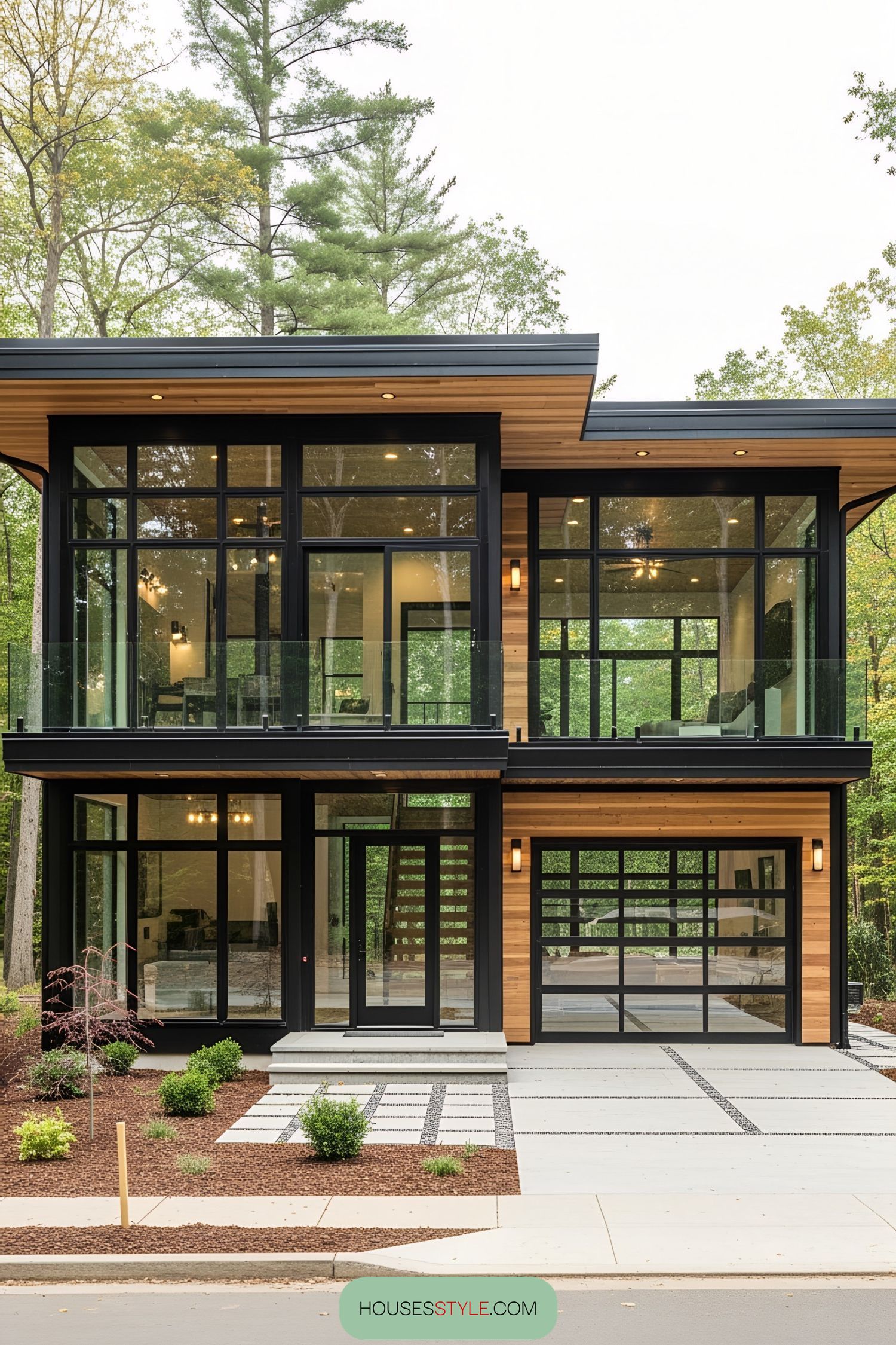 Modern industrial house with large glass windows surrounded by trees
