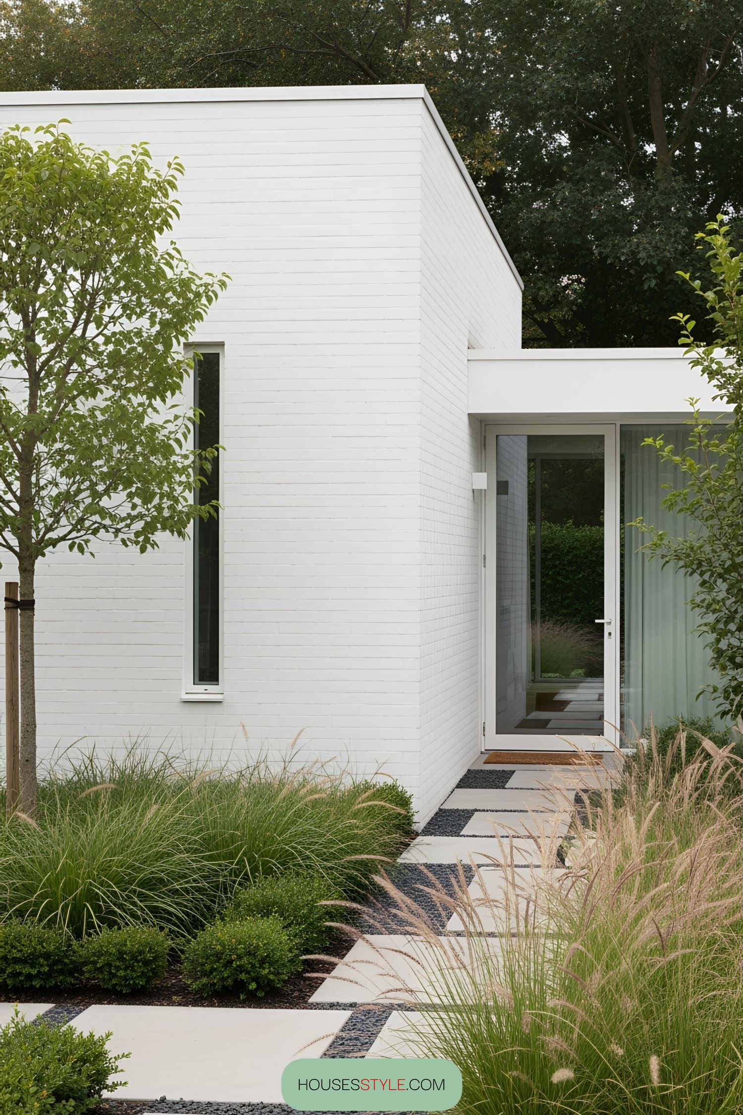 Modern white bungalow entrance with lush greenery