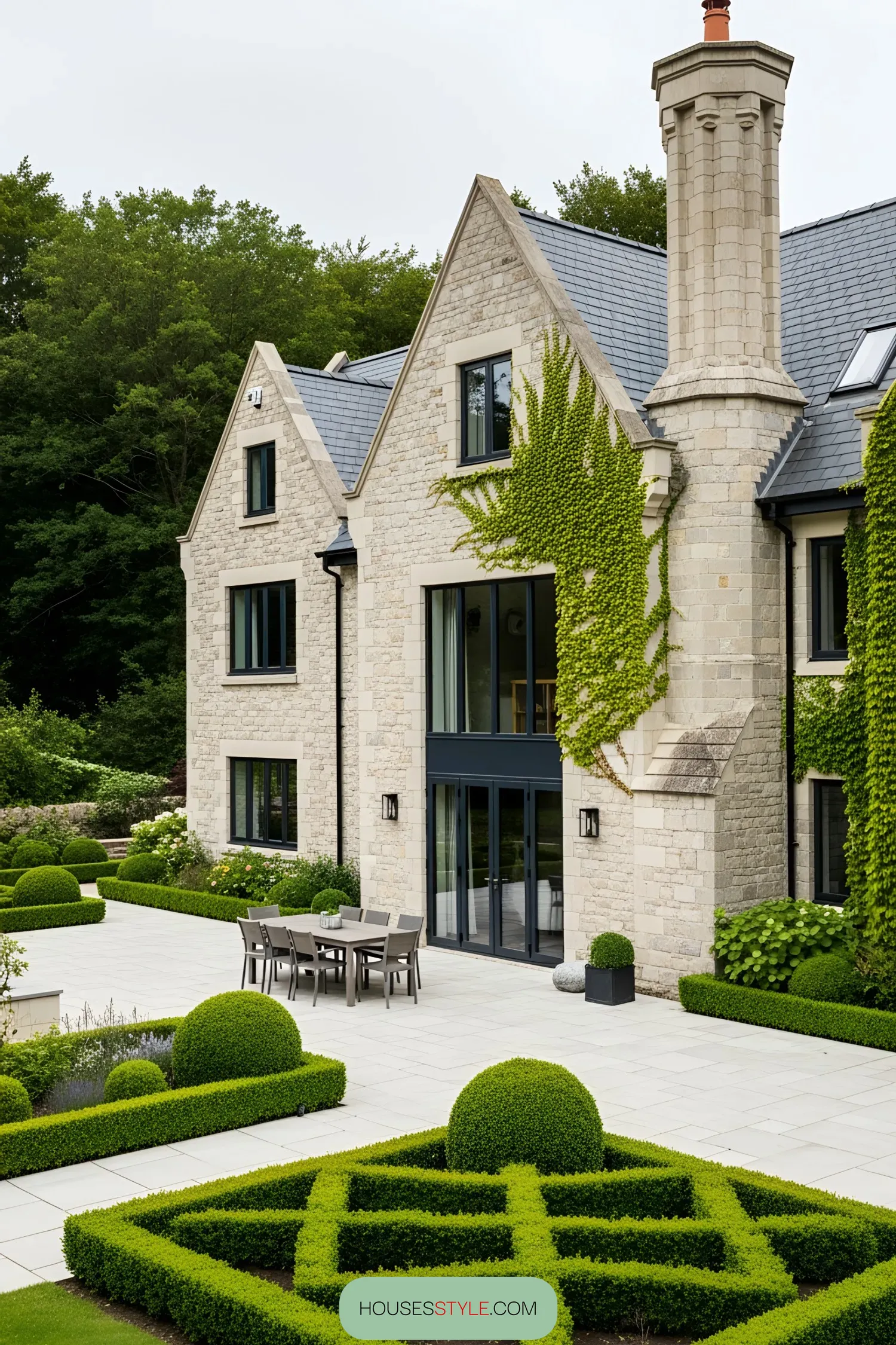 Elegant stone manor with lush greenery and geometric gardens