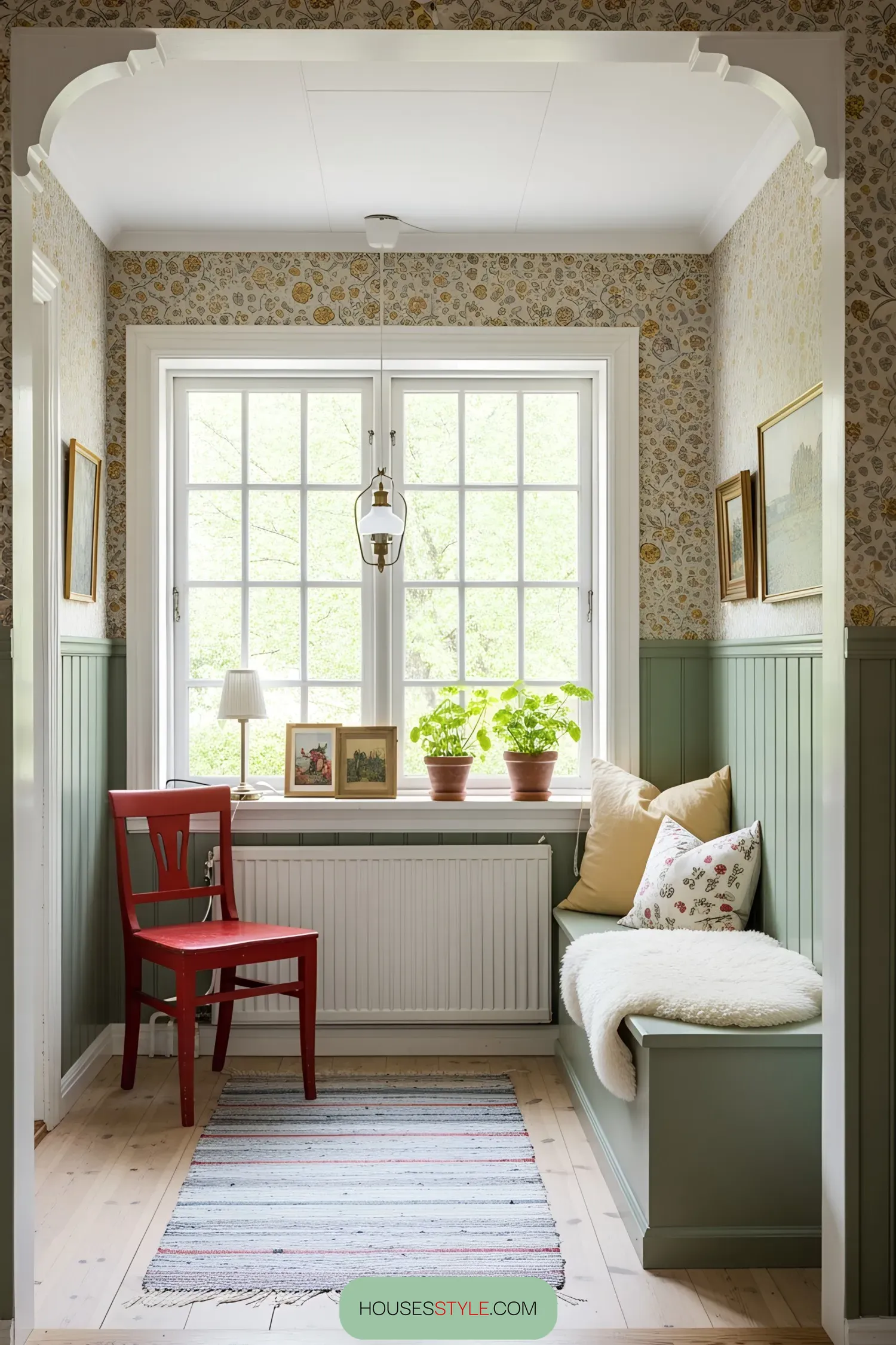 Cozy Swedish nook with floral wallpaper and red chair