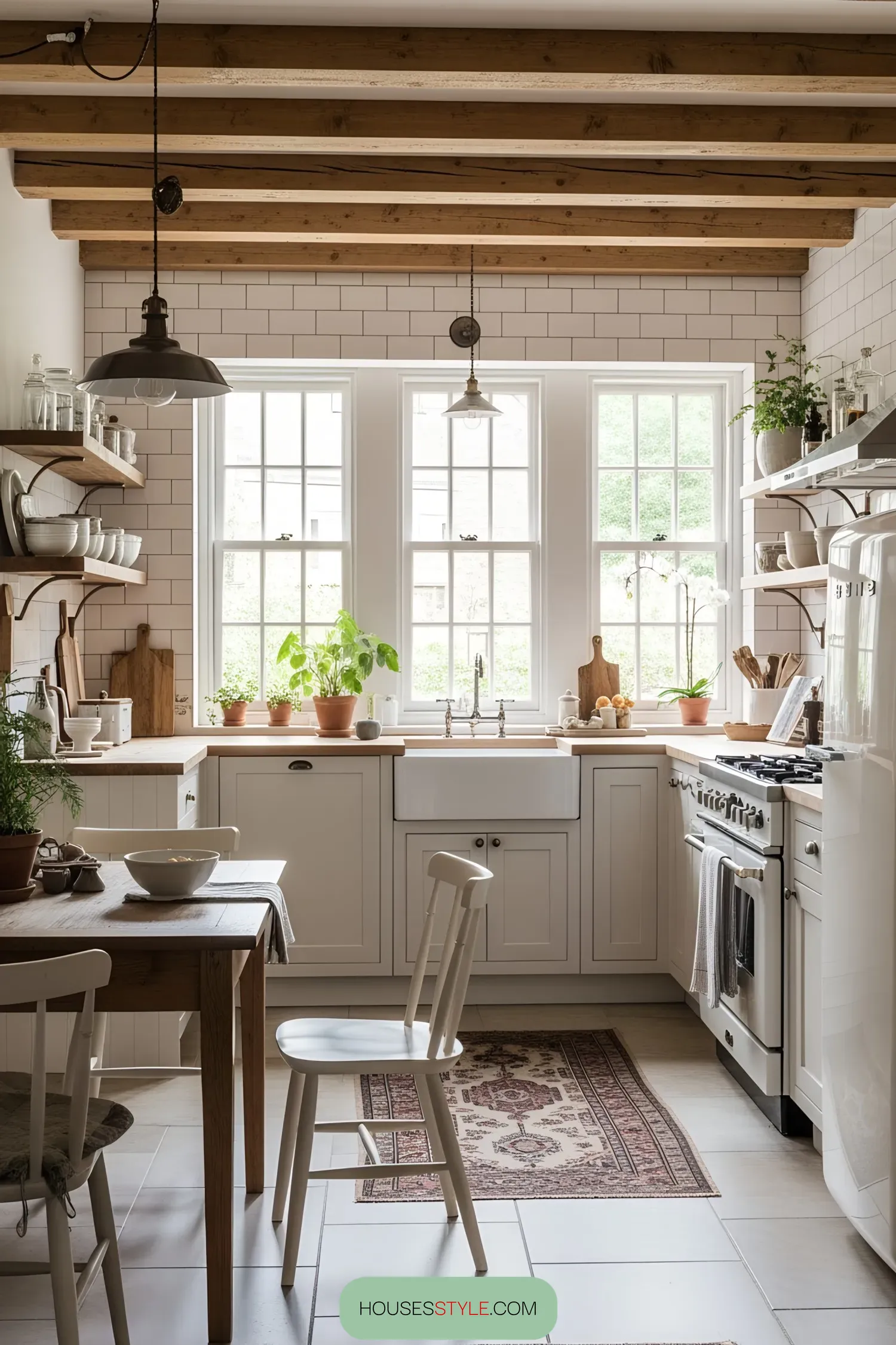 Vintage-style kitchen with white cabinets and wooden beams