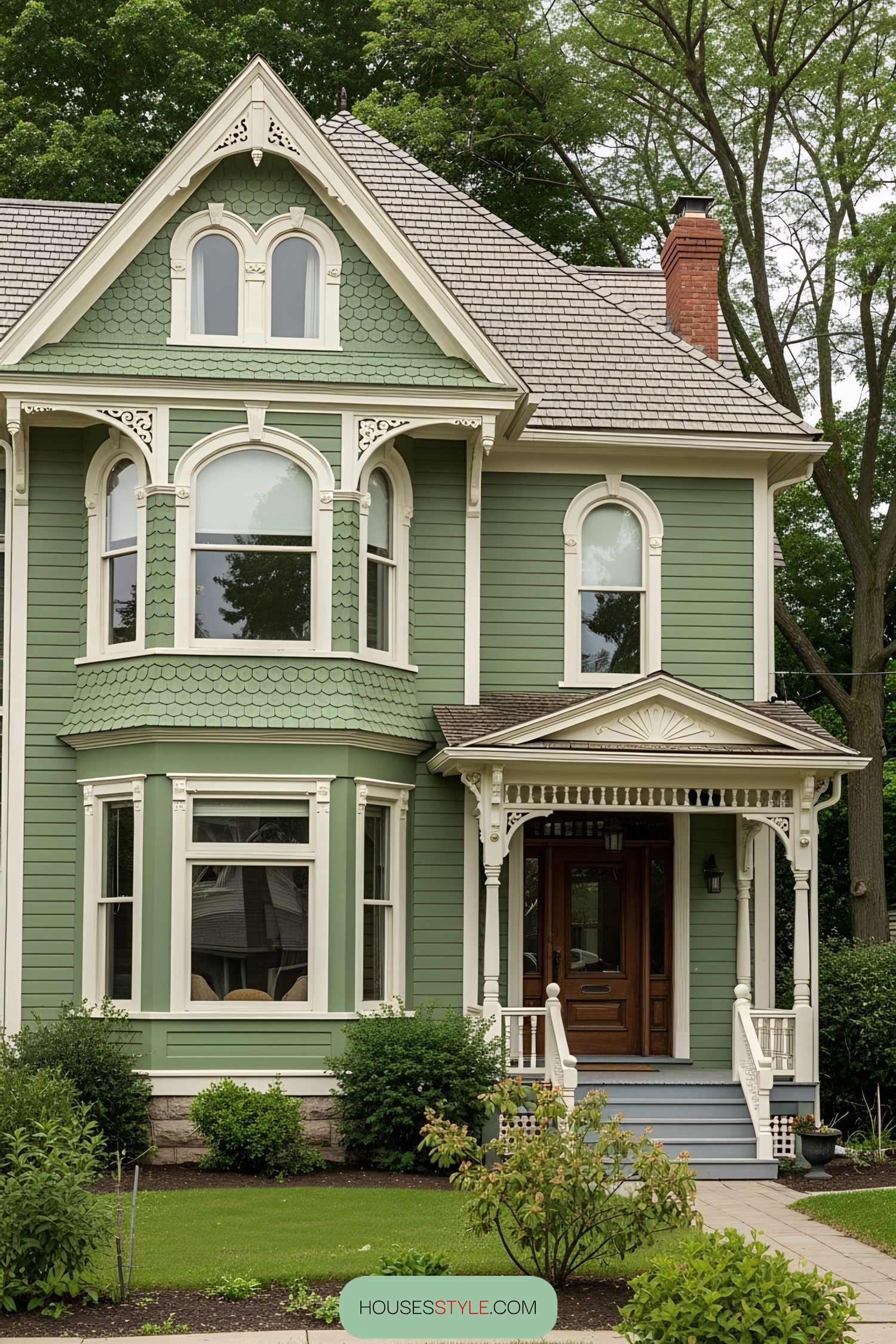 Charming green Victorian house with intricate details