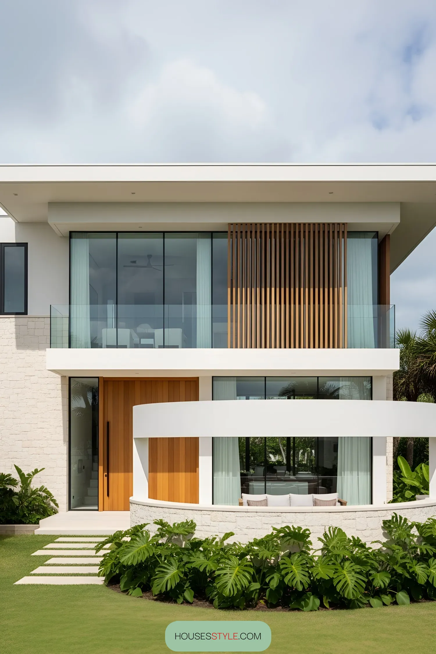 Modern coastal home with wood accents and large windows
