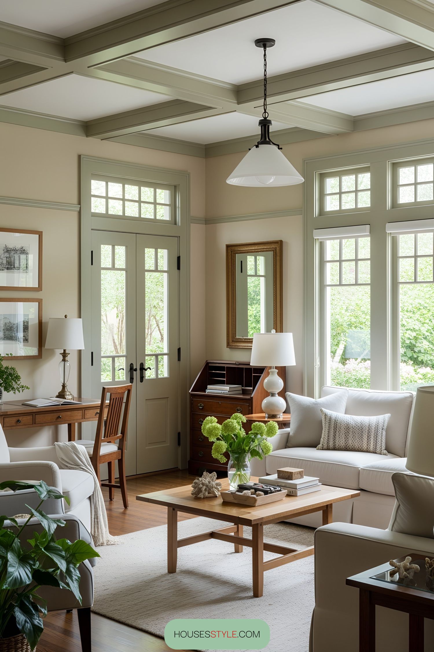Bright and airy room with wooden accents and large windows