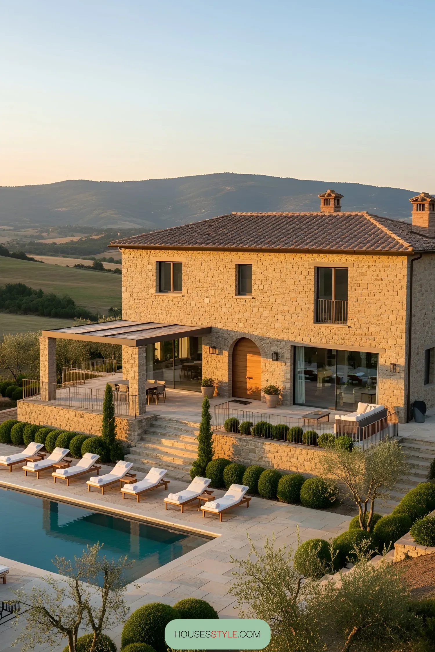 Modern Tuscan villa with lush hillside view