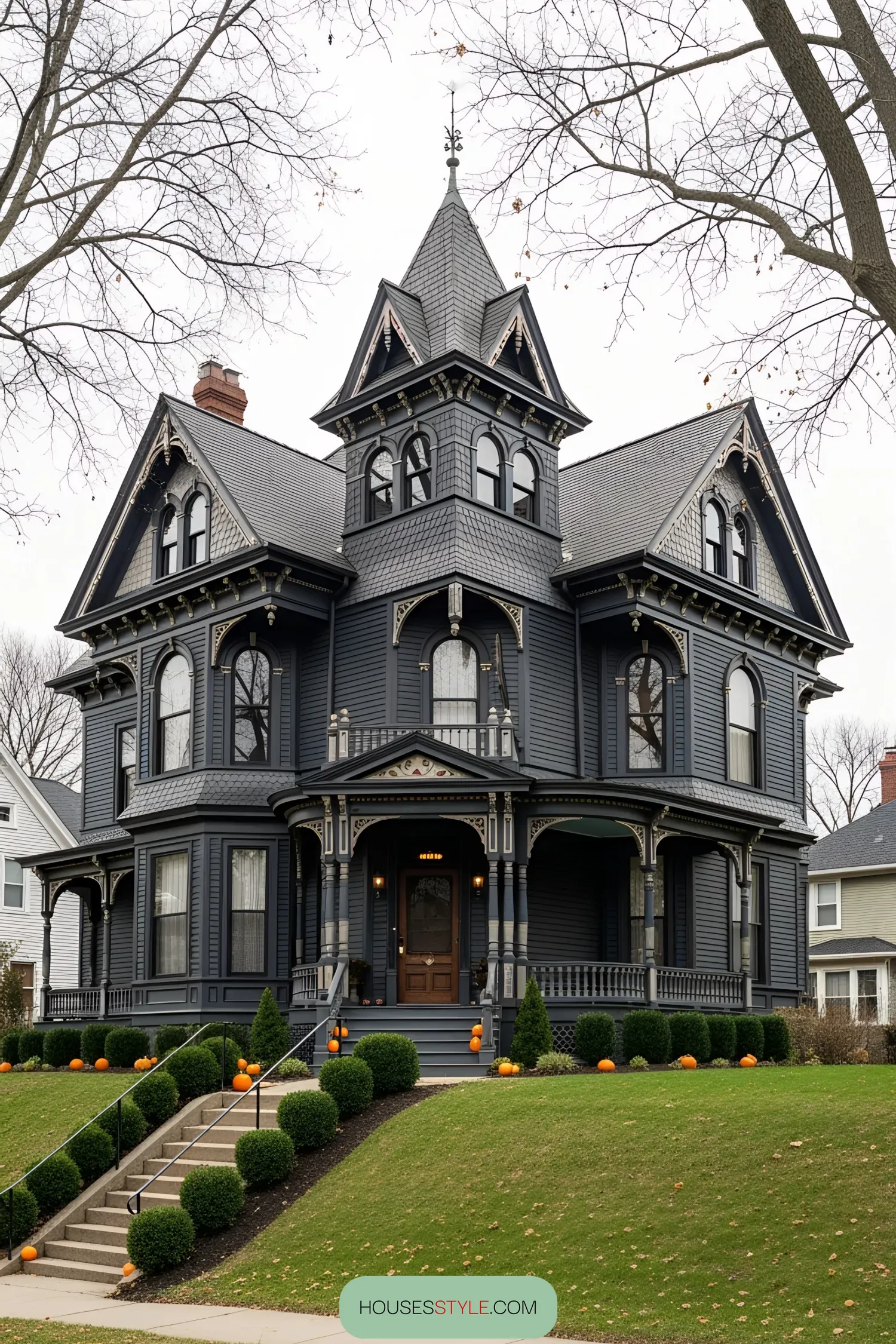 Charming black Victorian house with ornate details