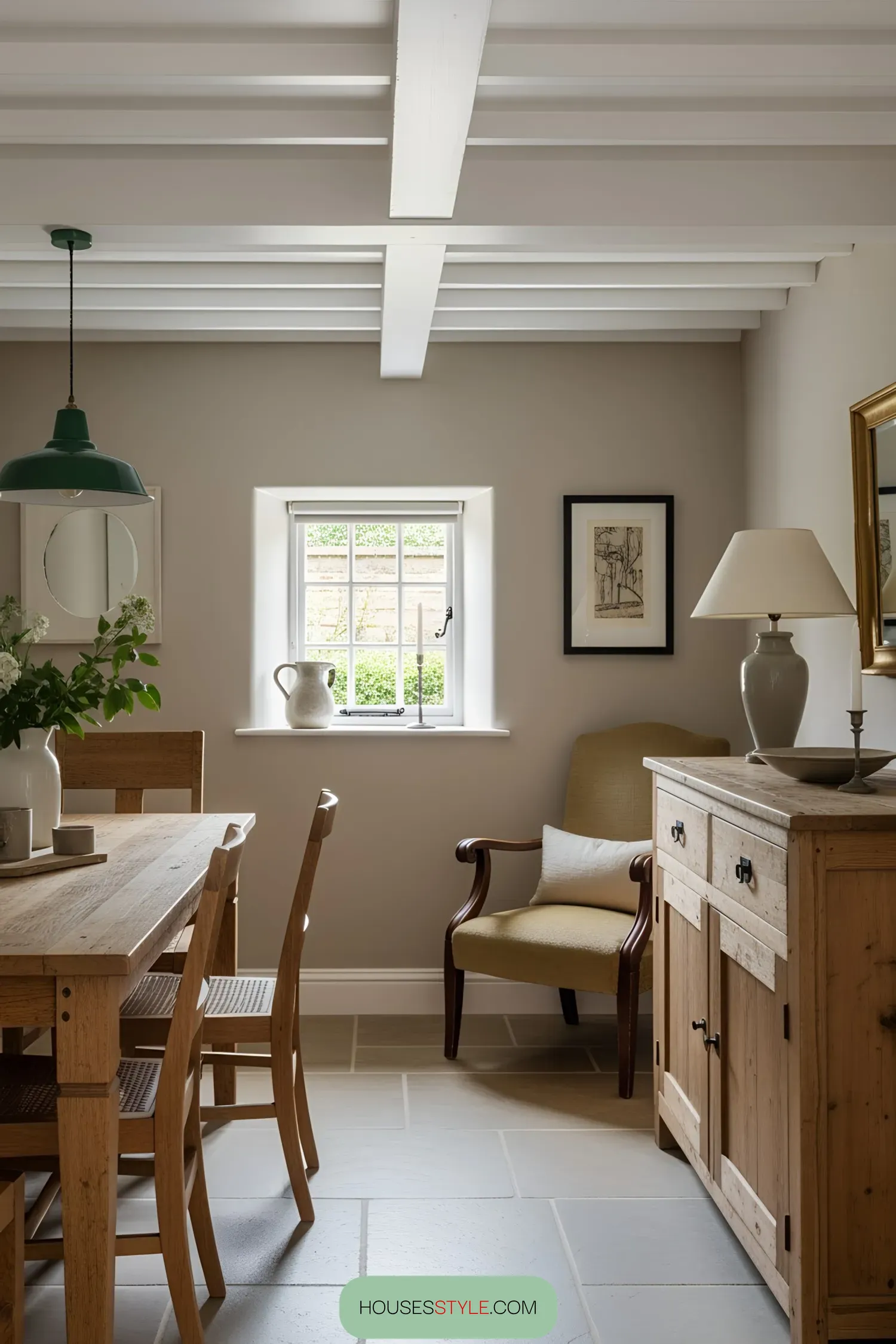 Cozy British cottage interior with rustic wood furniture