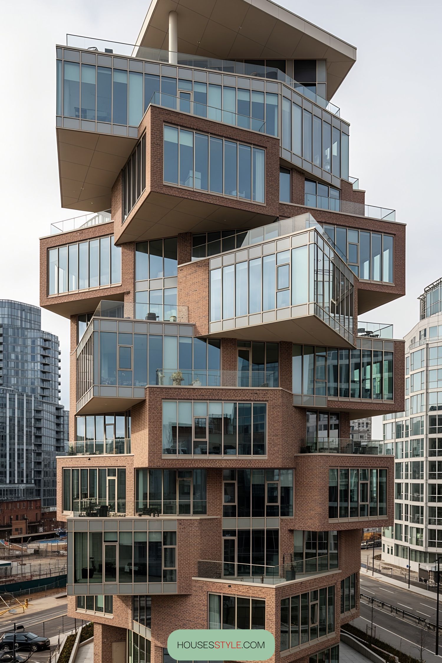 Unique stacked building with glass and brick design