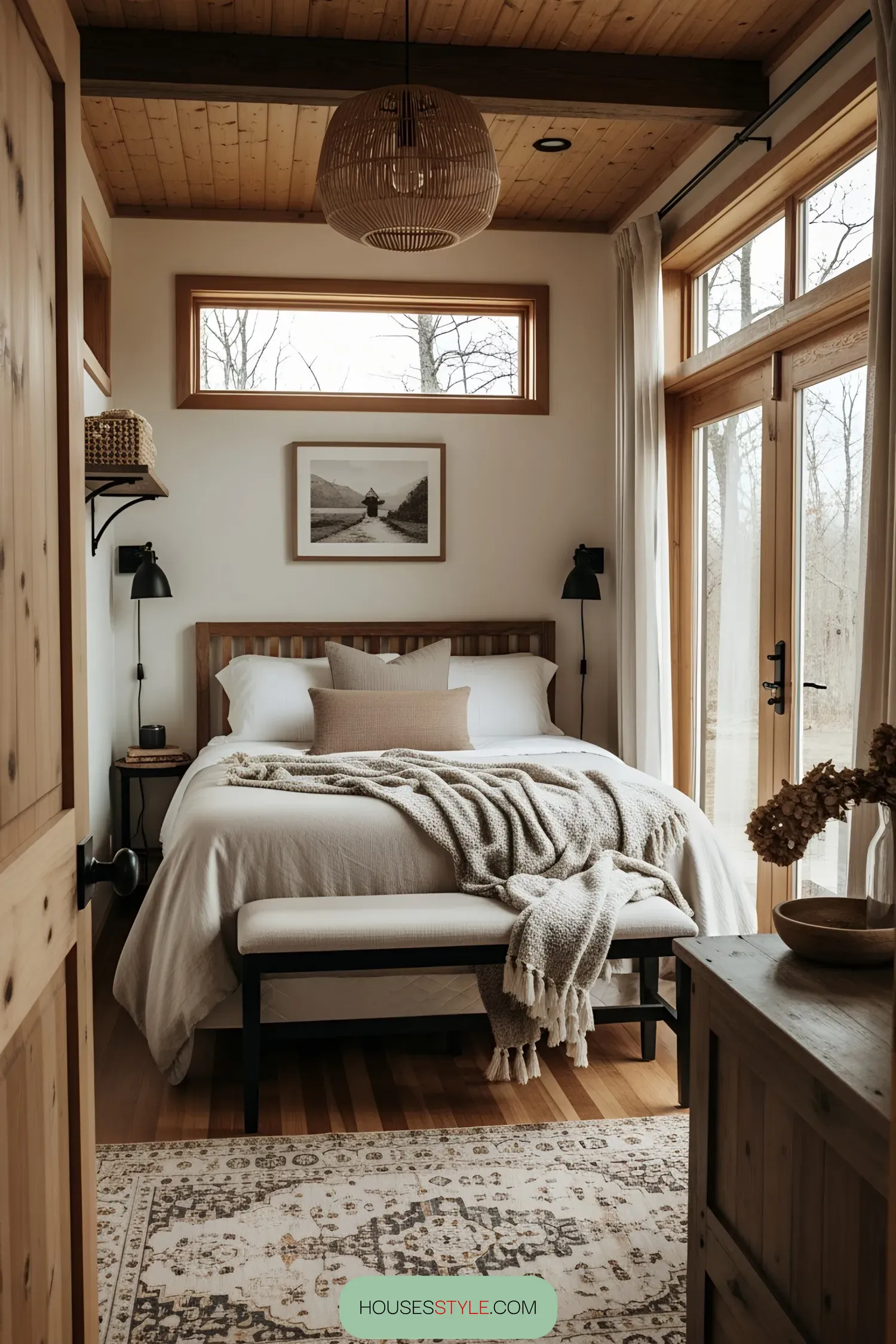 Cozy bedroom with large windows bringing in natural light