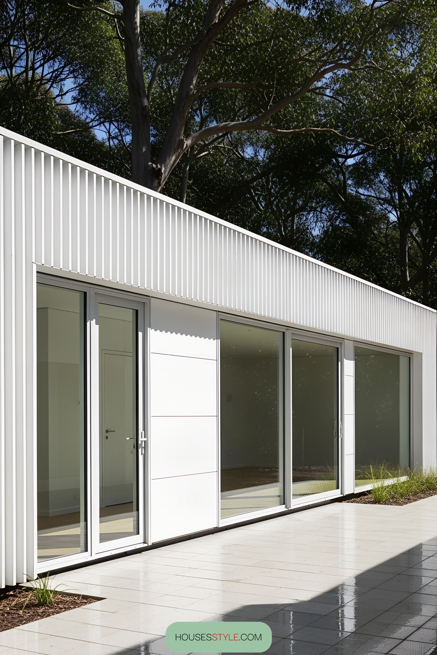White container office with large glass doors and windows