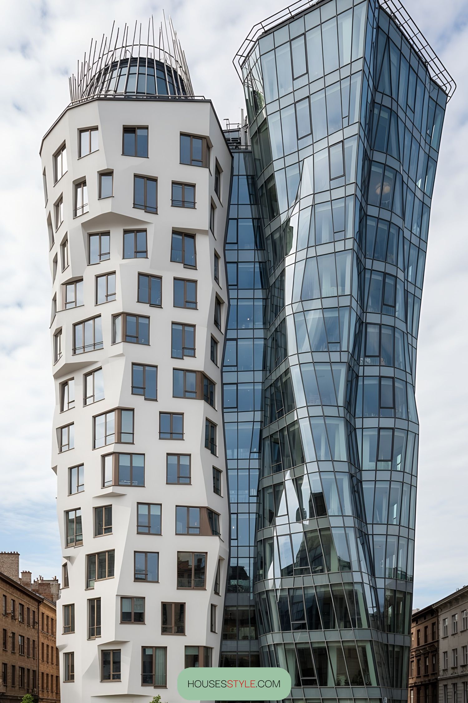 Unique tower duo with slanted designs and creative windows