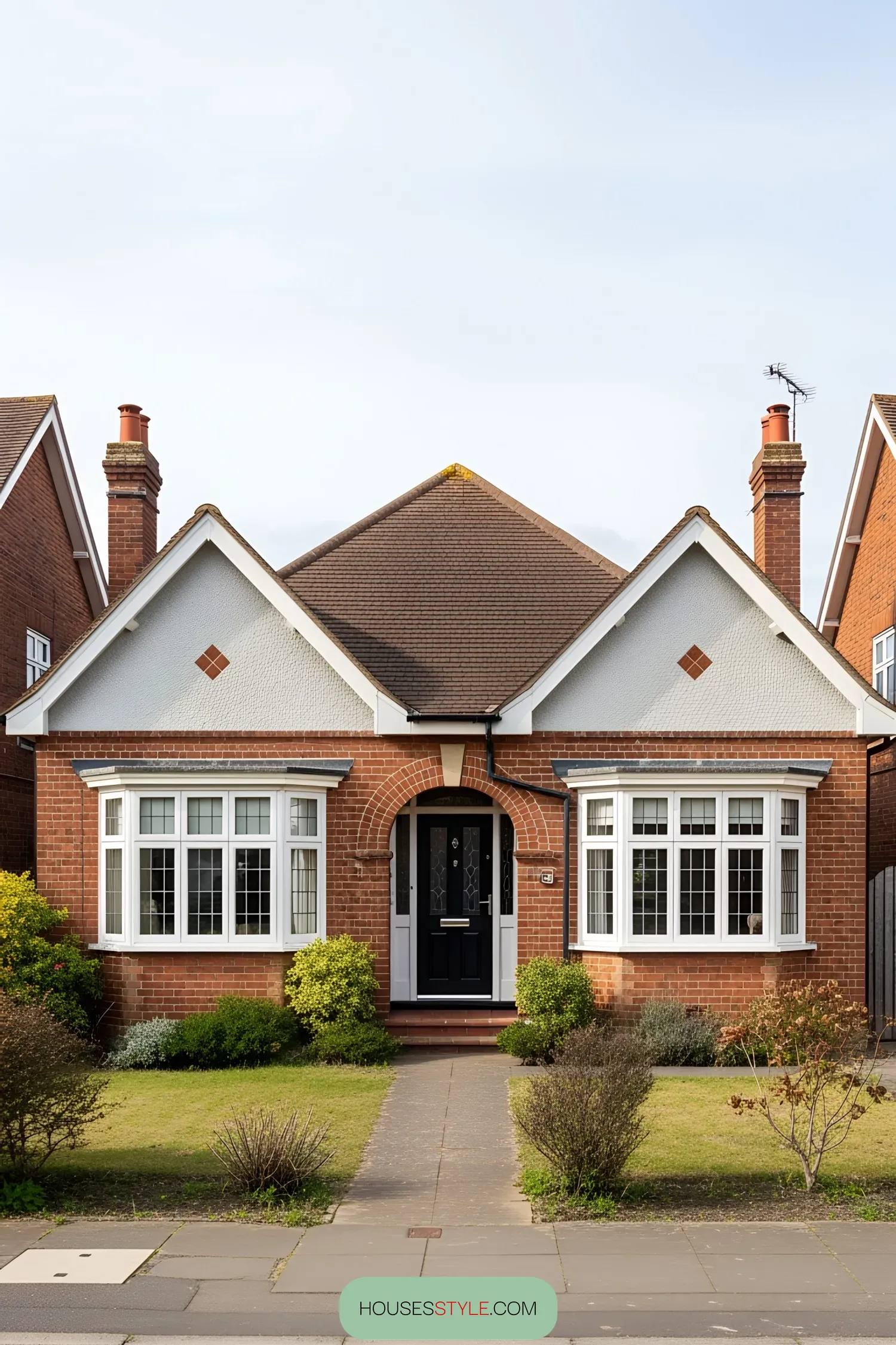 Classic brick bungalow with arched doorway and charming windows