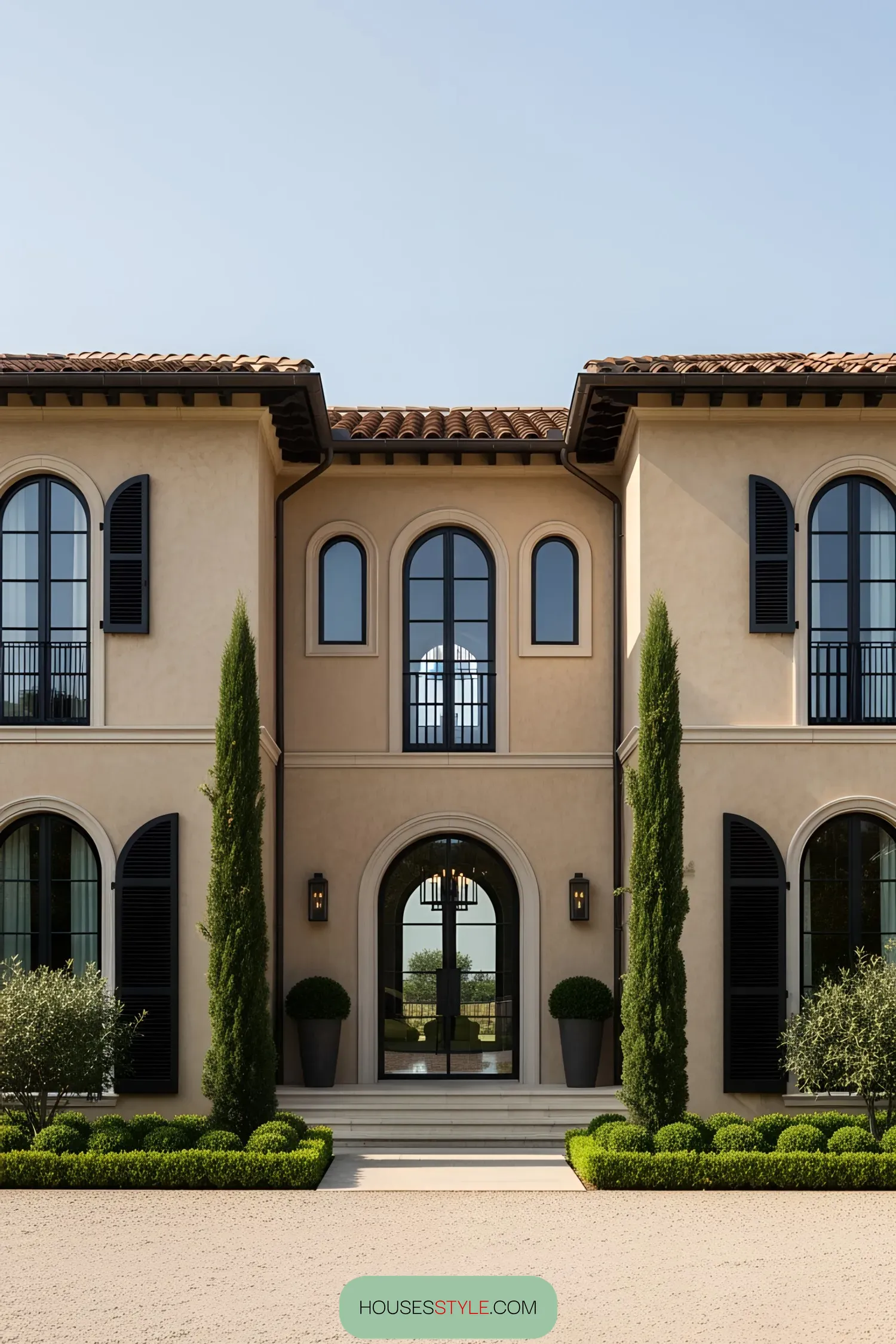 Modern villa exterior with arched windows and green accents