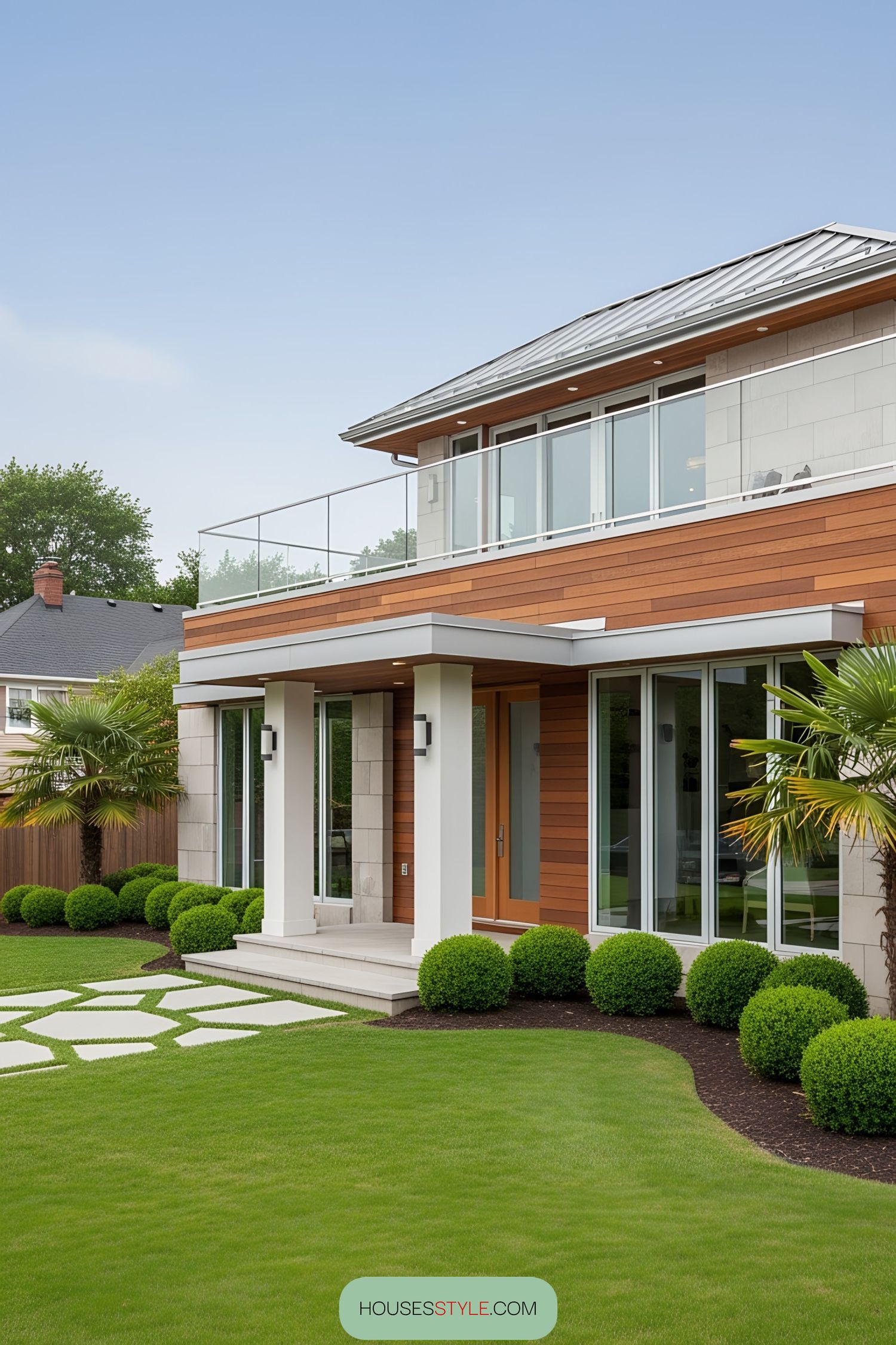 Modern bungalow with a sleek roof deck and lush landscaping