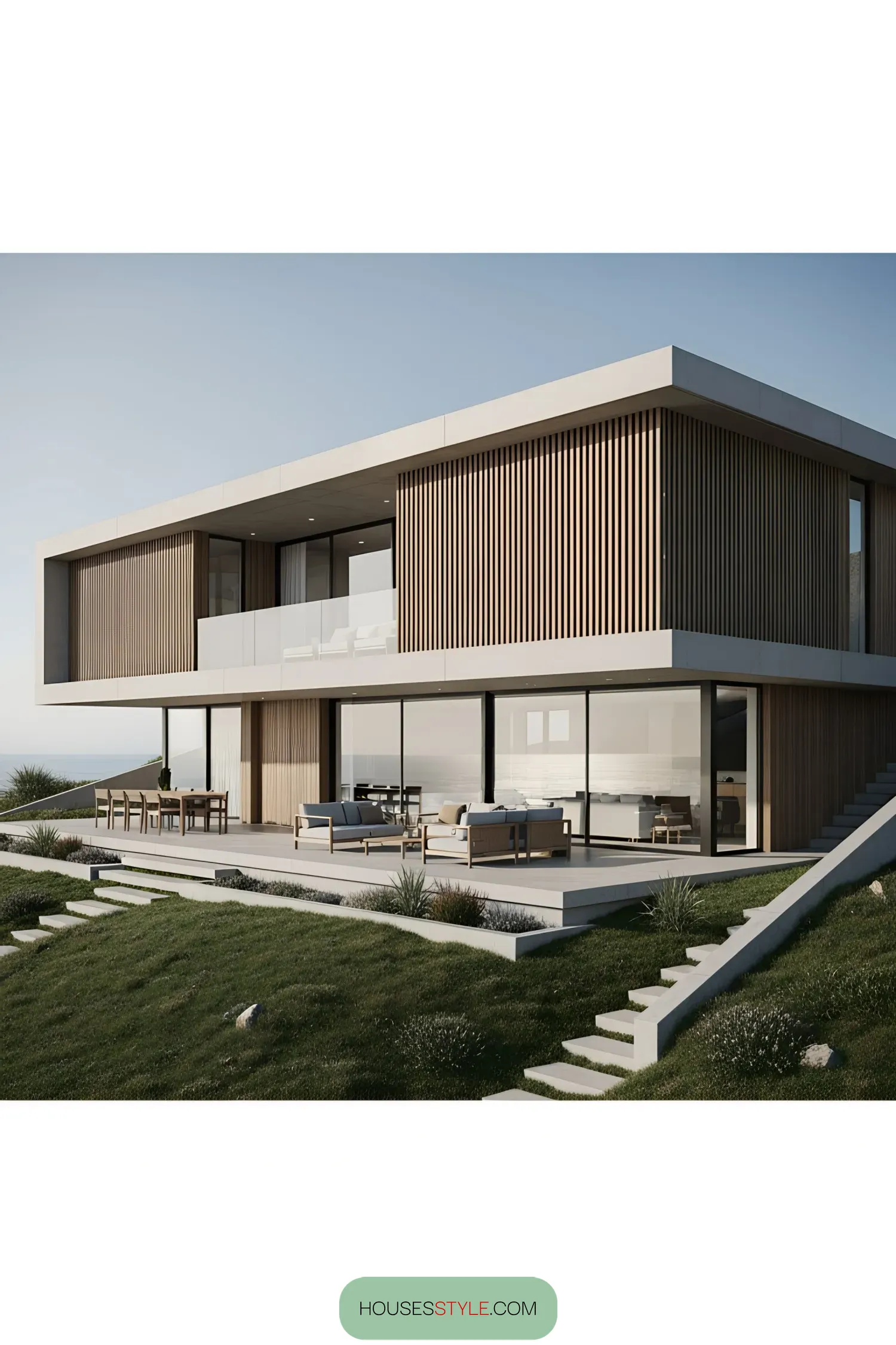 Modern two-story house with large glass windows and wooden accents