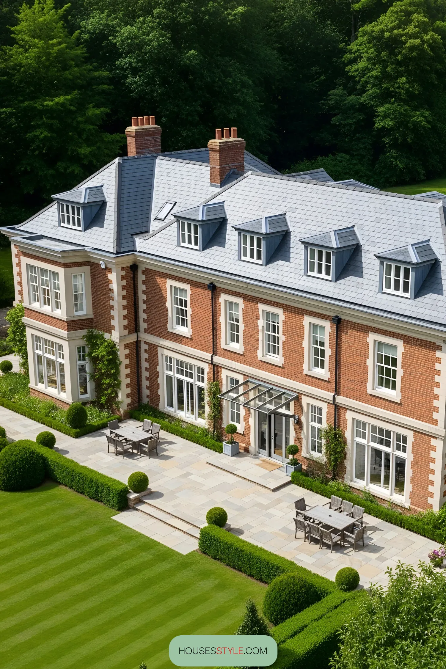 Red-brick country manor with a slate roof and garden patio