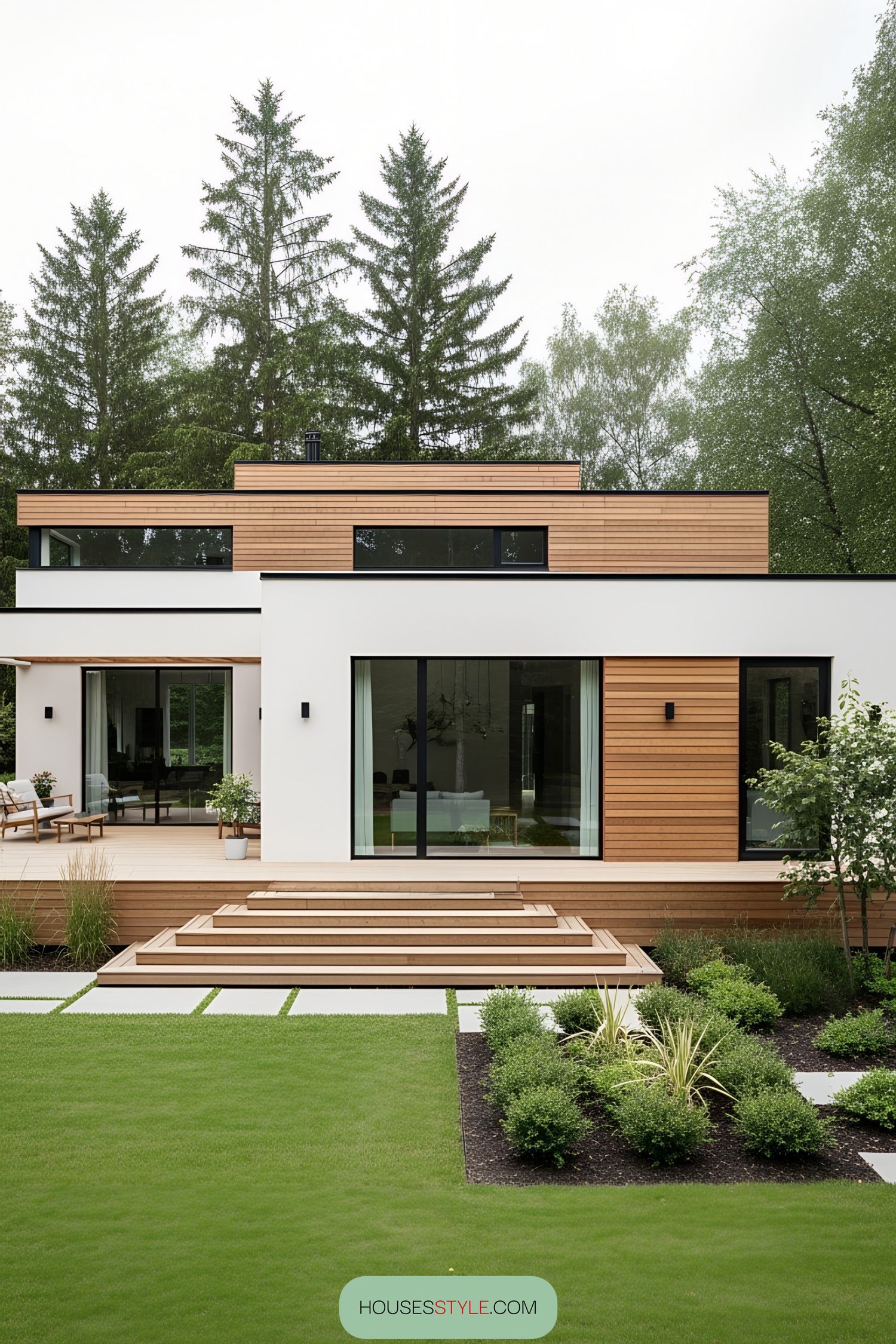 Modern bungalow with wood accents surrounded by lush greenery