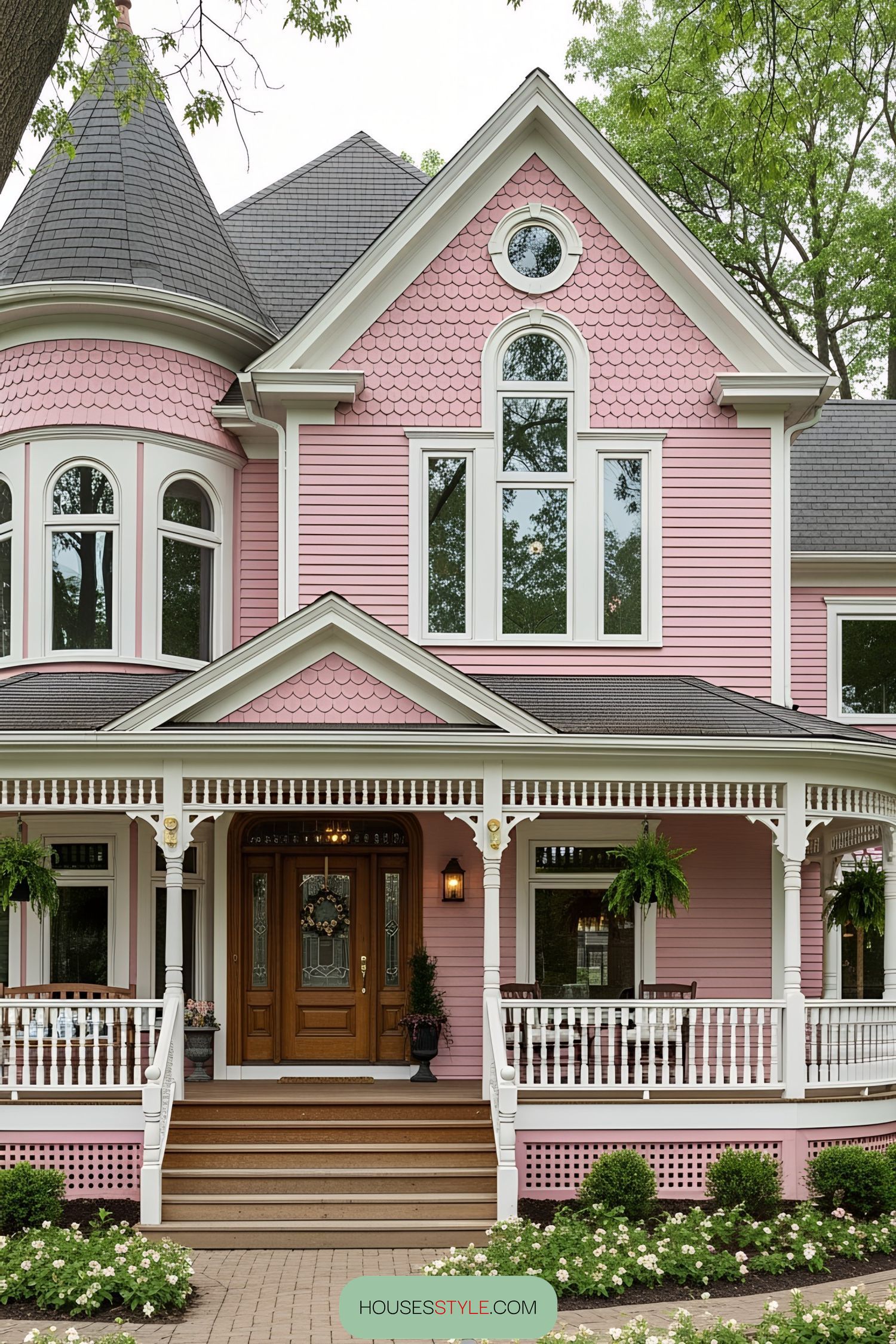 Charming pink Victorian house with ornate porch
