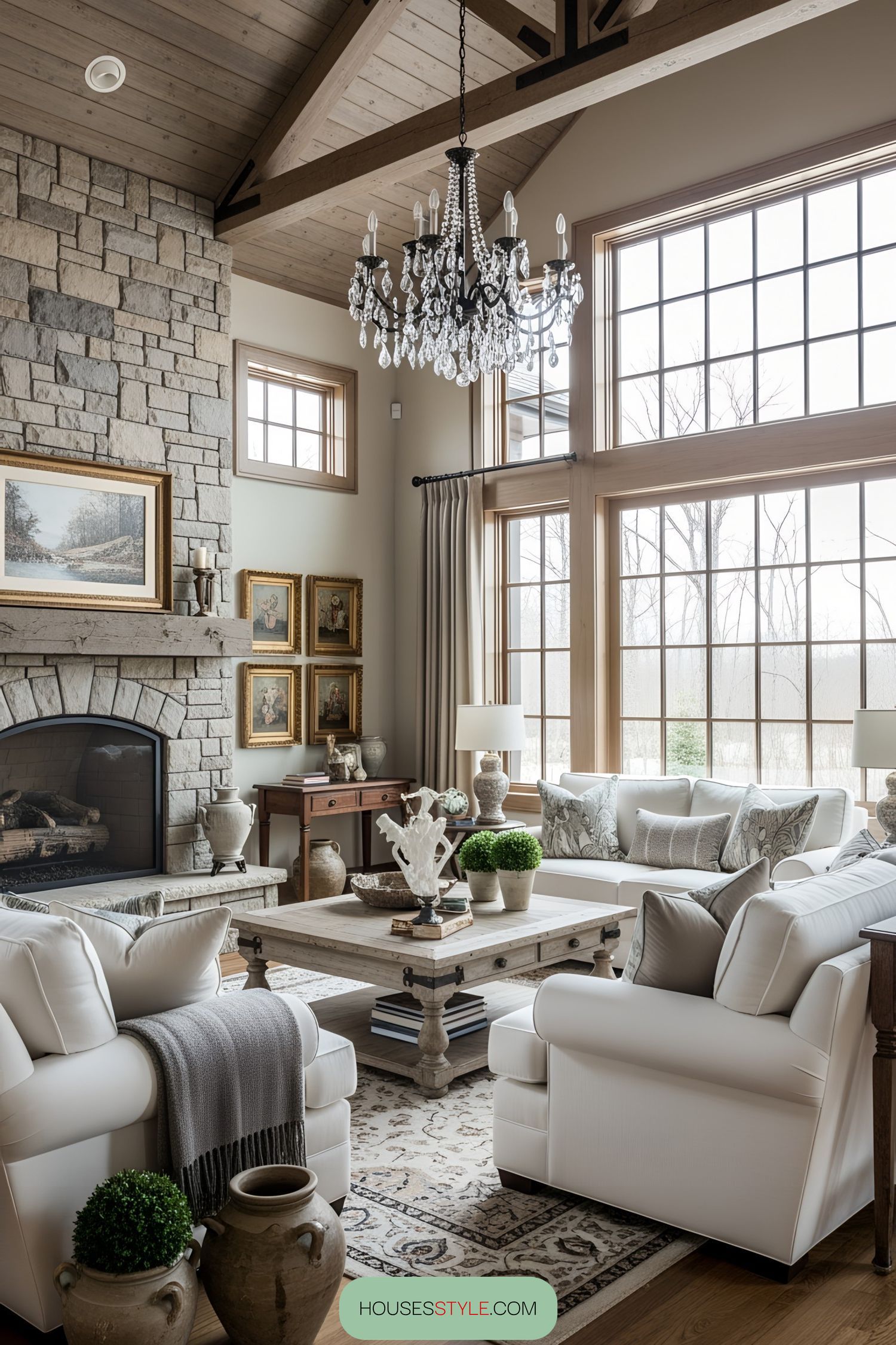 Inviting craftsman-style living room with a stone fireplace