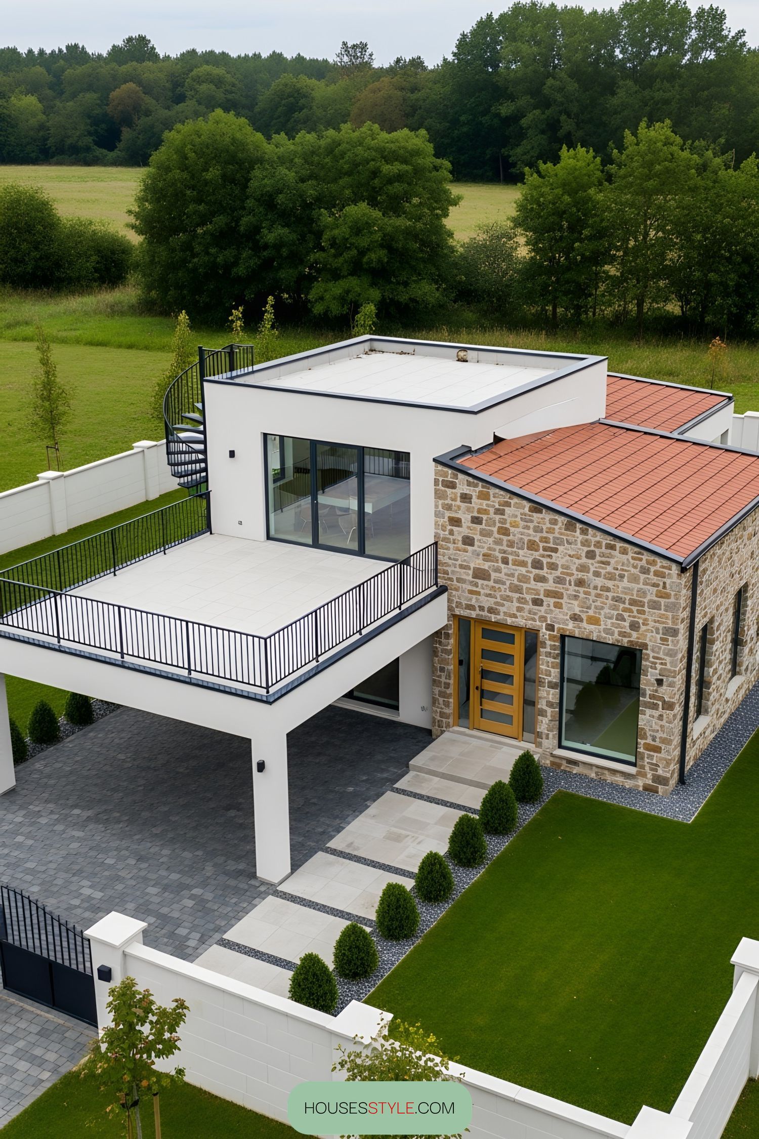 Modern bungalow with a roof deck and spiral staircase