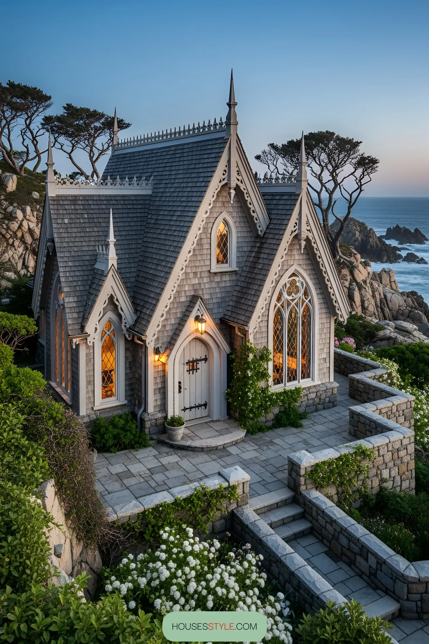 A quaint coastal house with intricate gothic architectural details