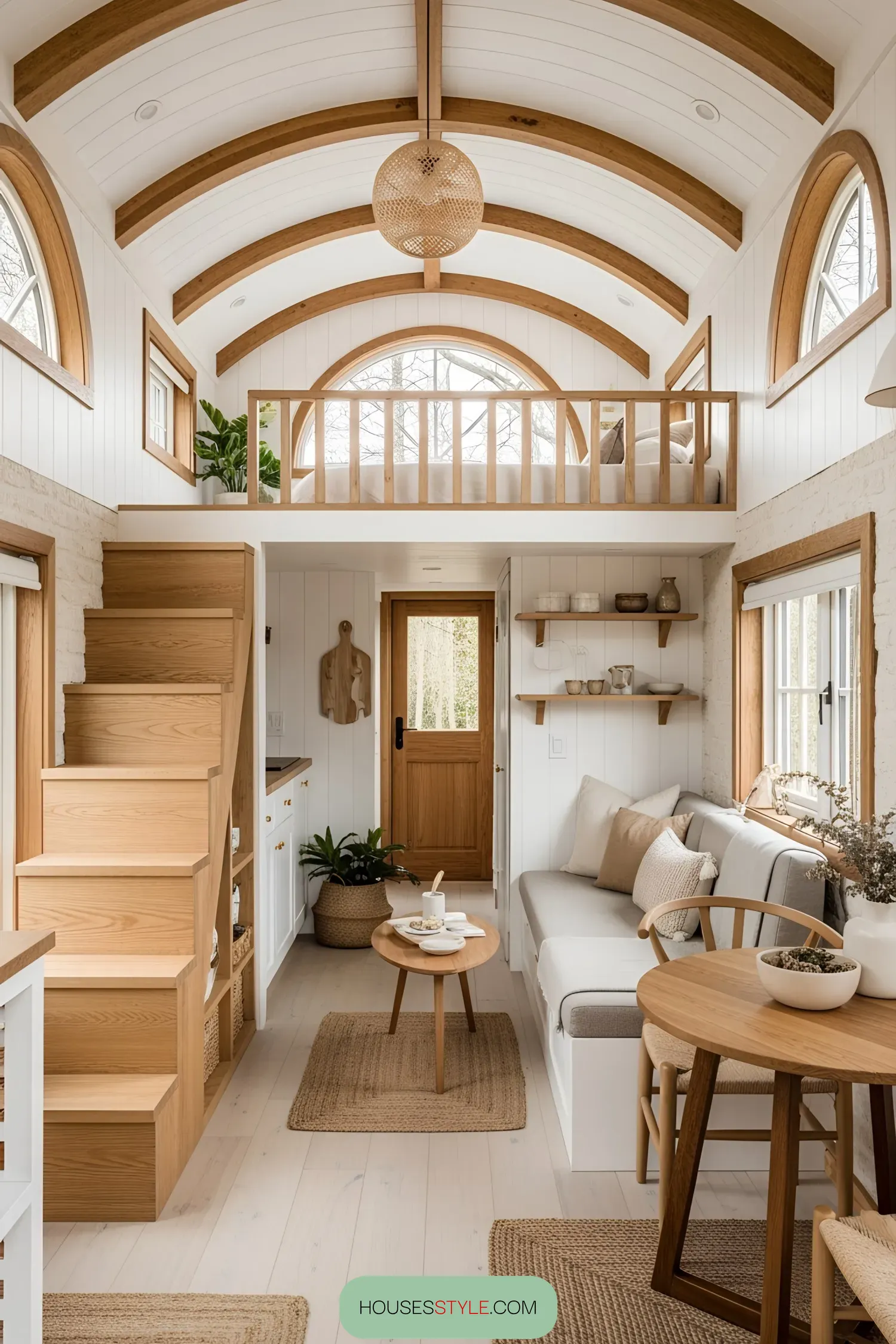 Tiny cottage interior with wood accents and cozy furnishings
