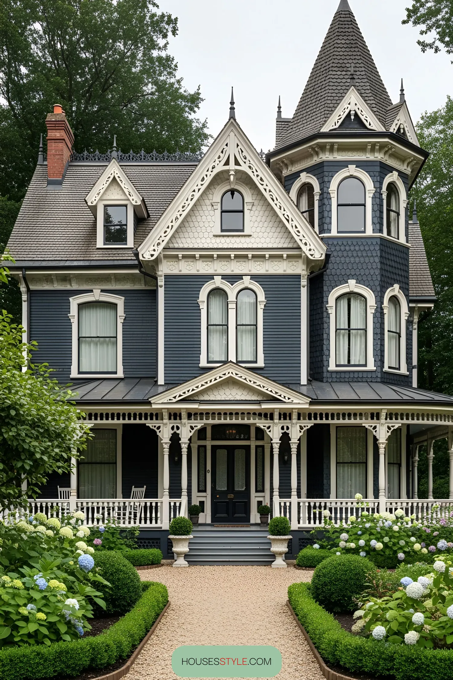 Victorian house with decorative details and garden