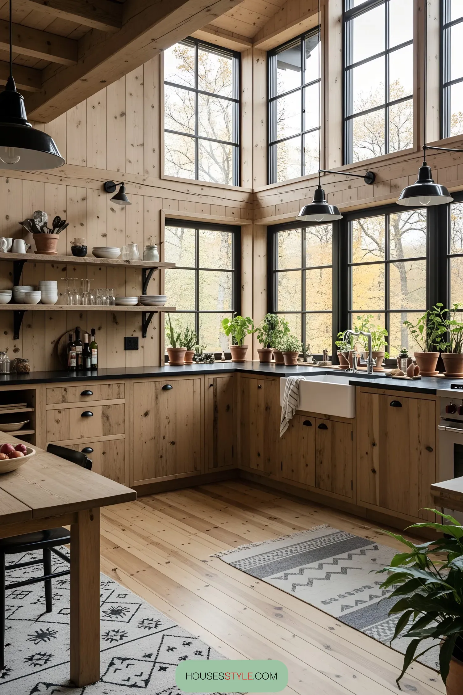 Log cabin kitchen with large windows and potted plants