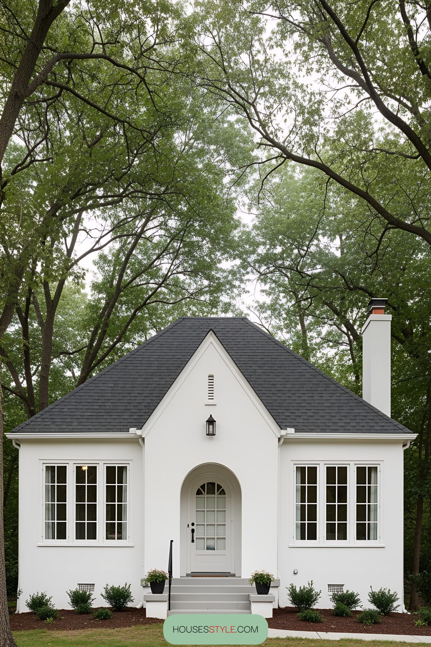 White bungalow with arched entrance surrounded by trees