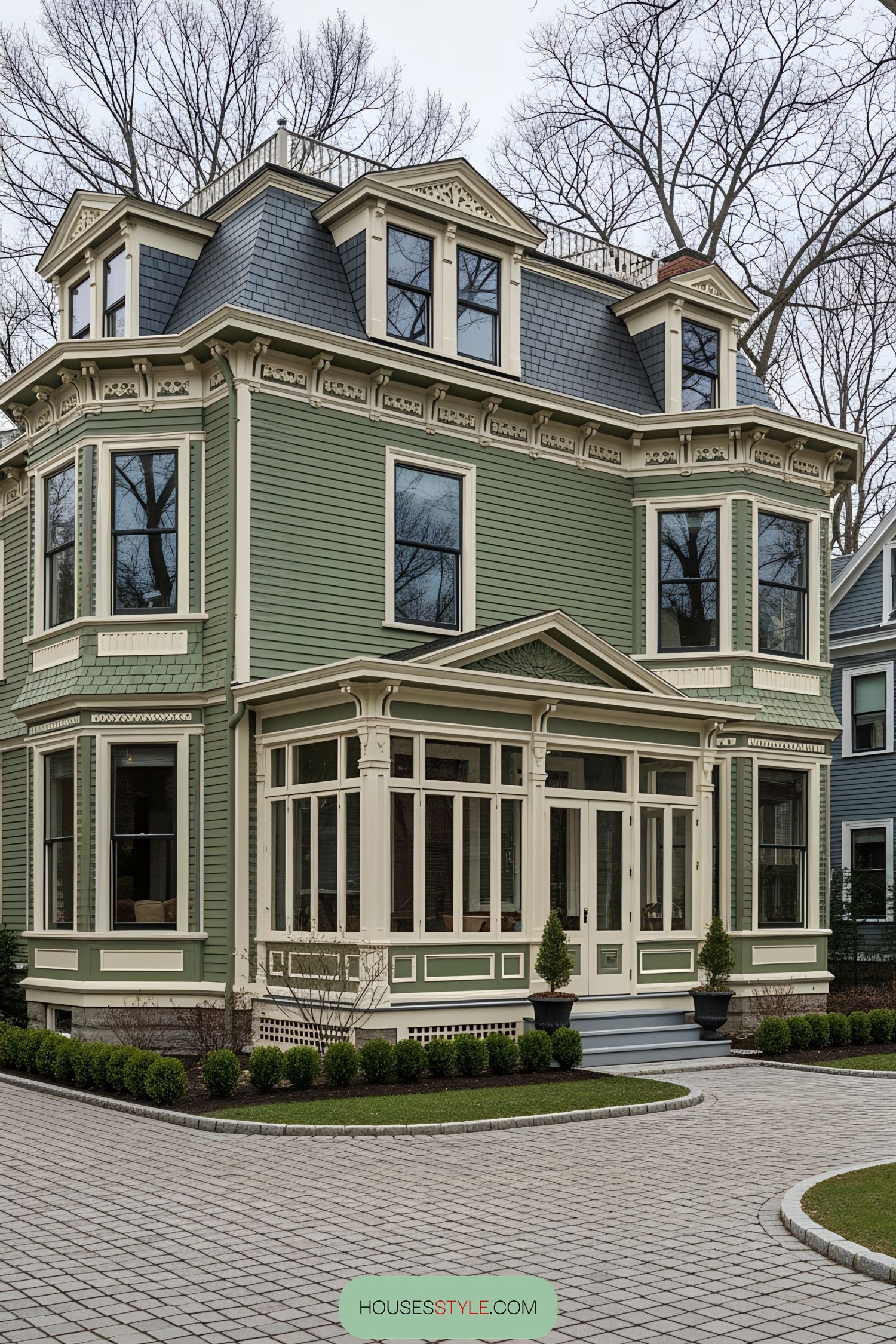 Victorian house with green siding and intricate trim details