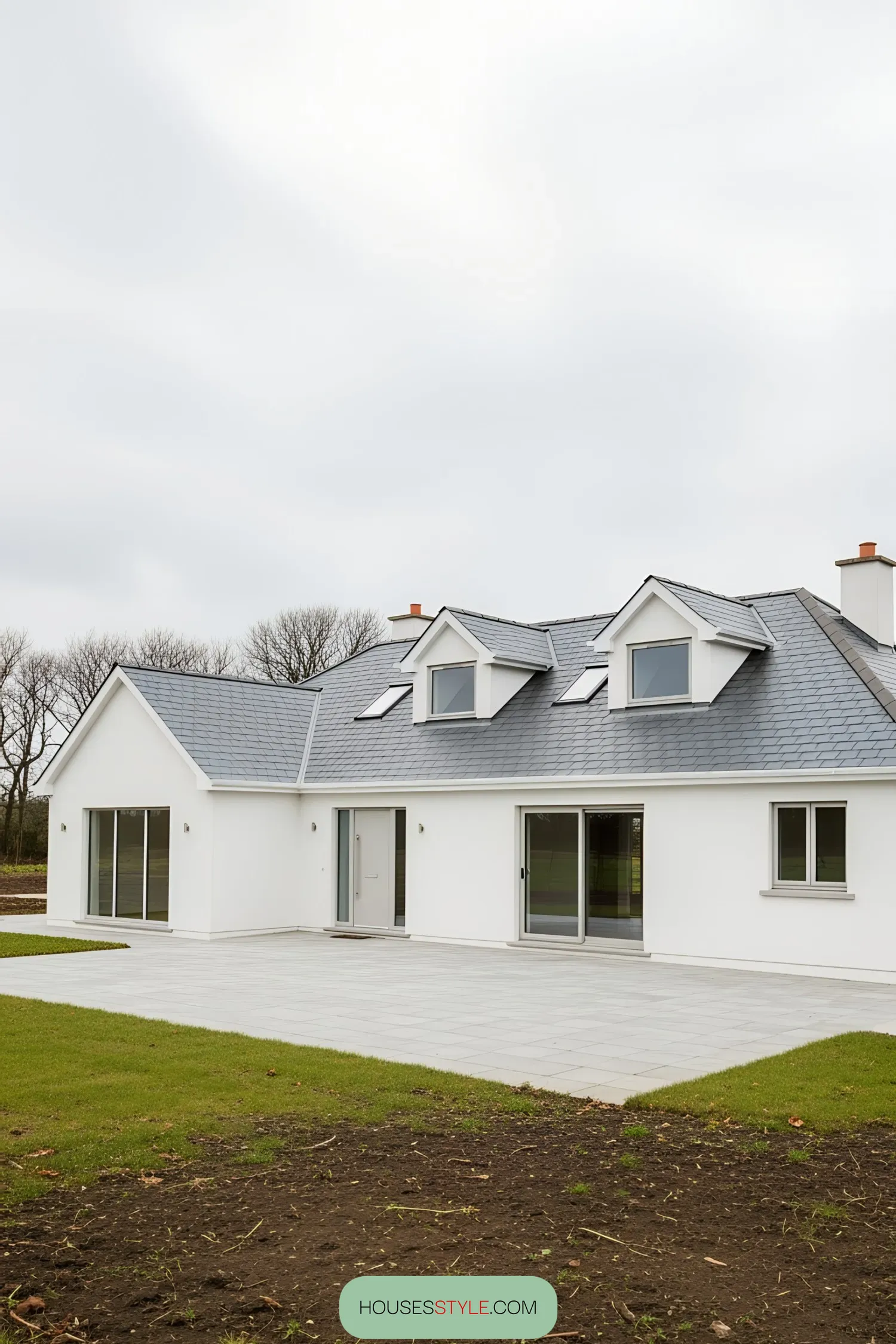 Modern white Irish bungalow with a slate roof