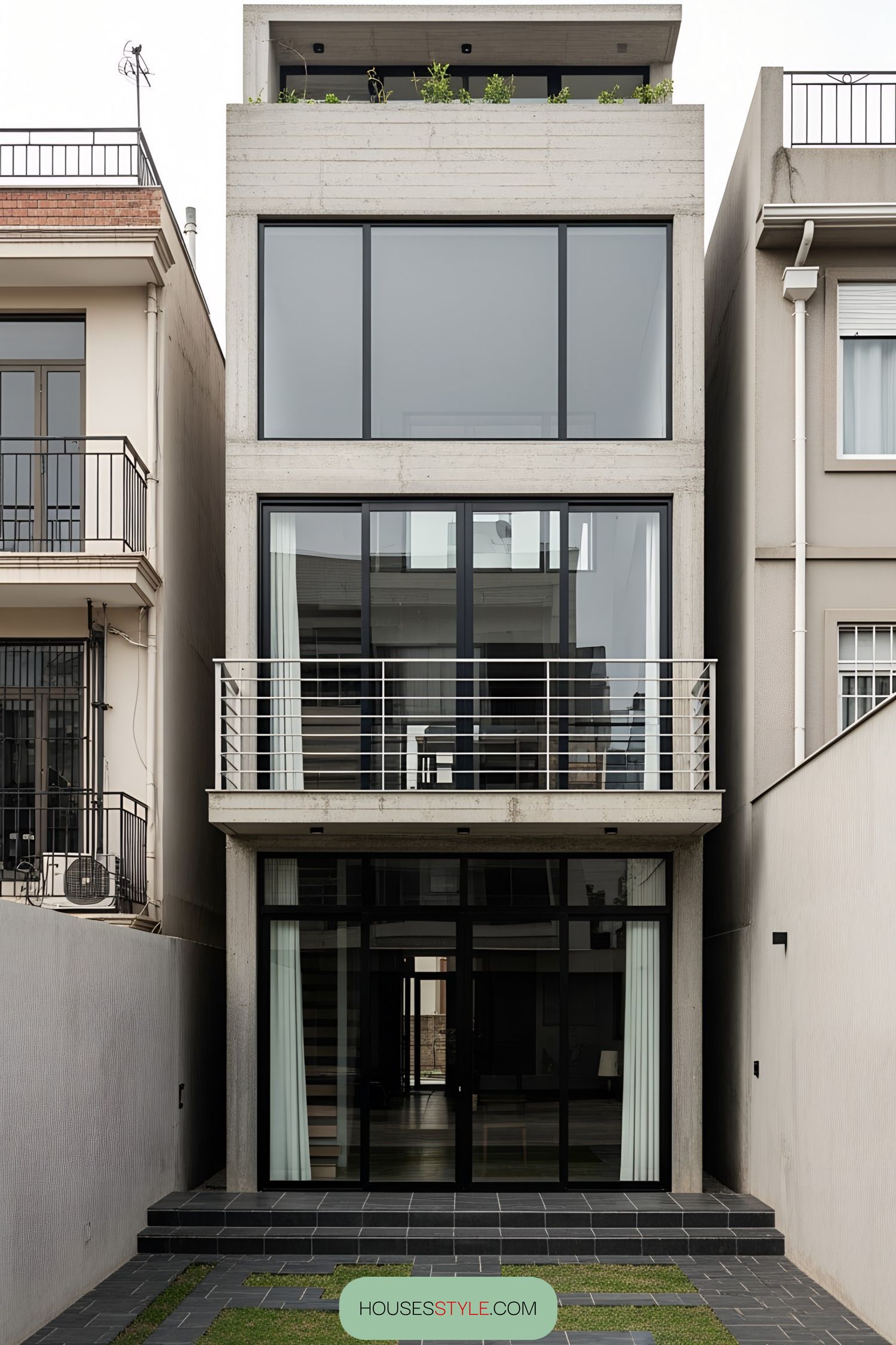 Tall concrete house with large glass windows in between two traditional homes