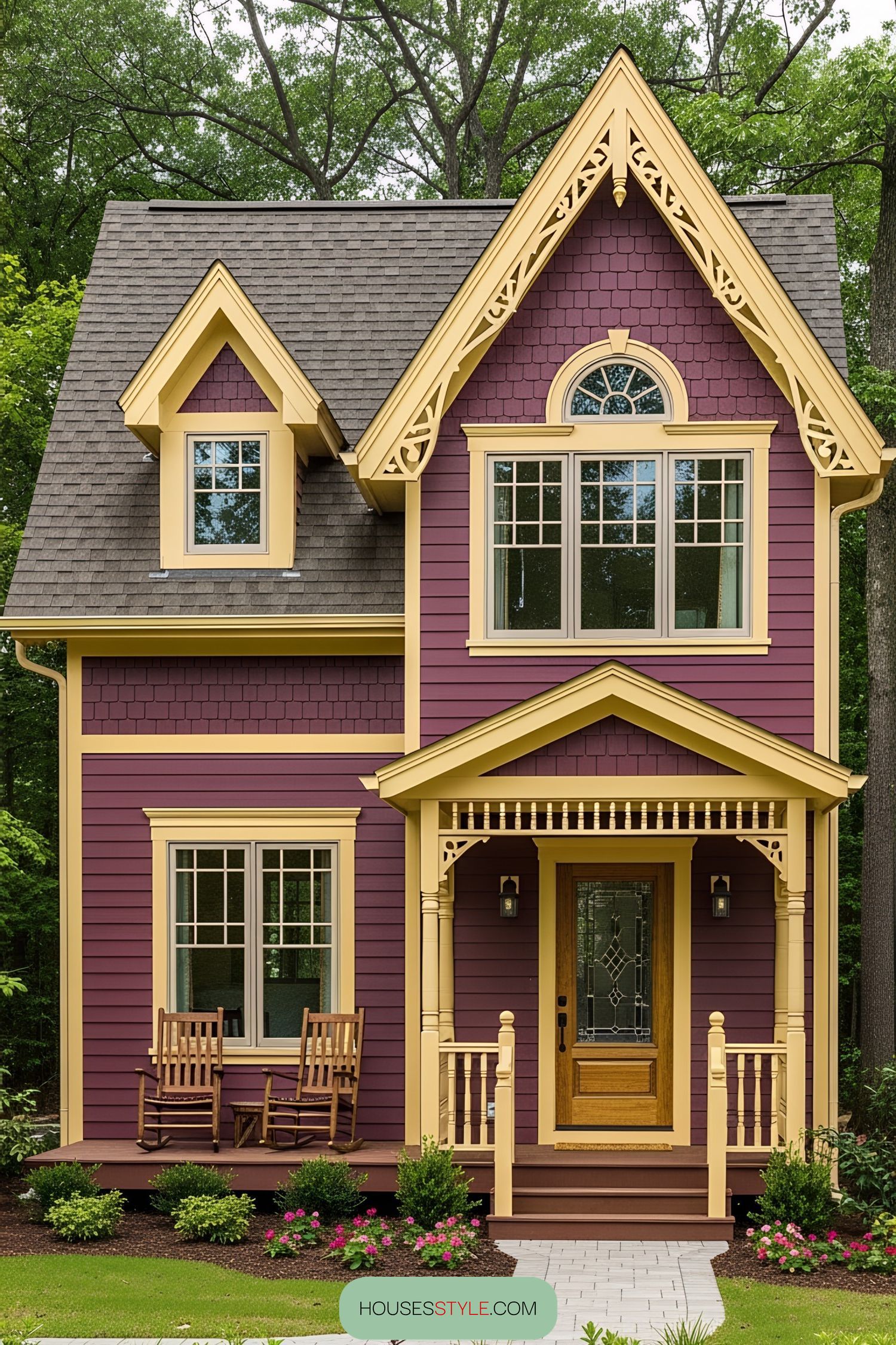 Cute Victorian house with purple walls and yellow trim