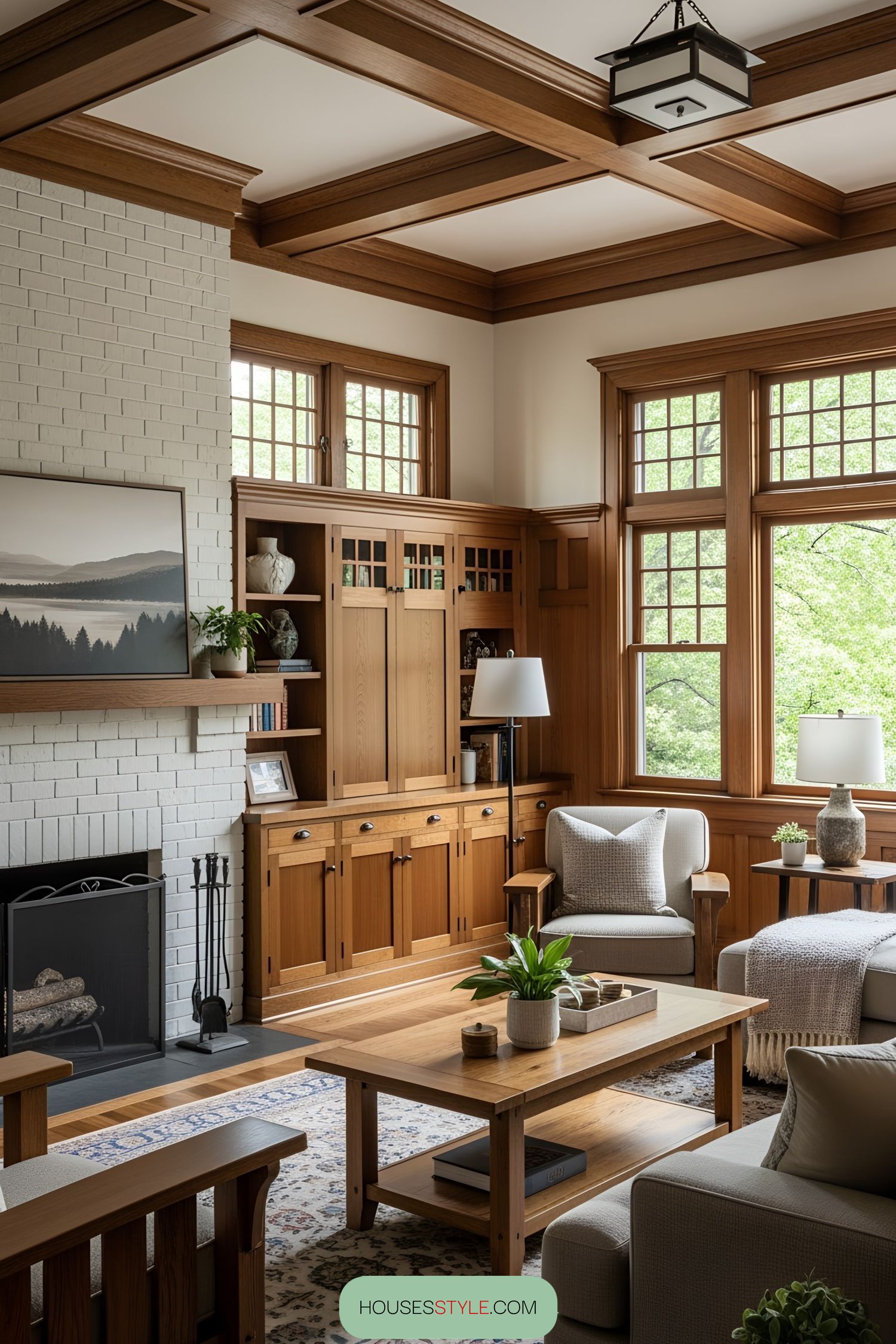 Craftsman-style living room with wood accents