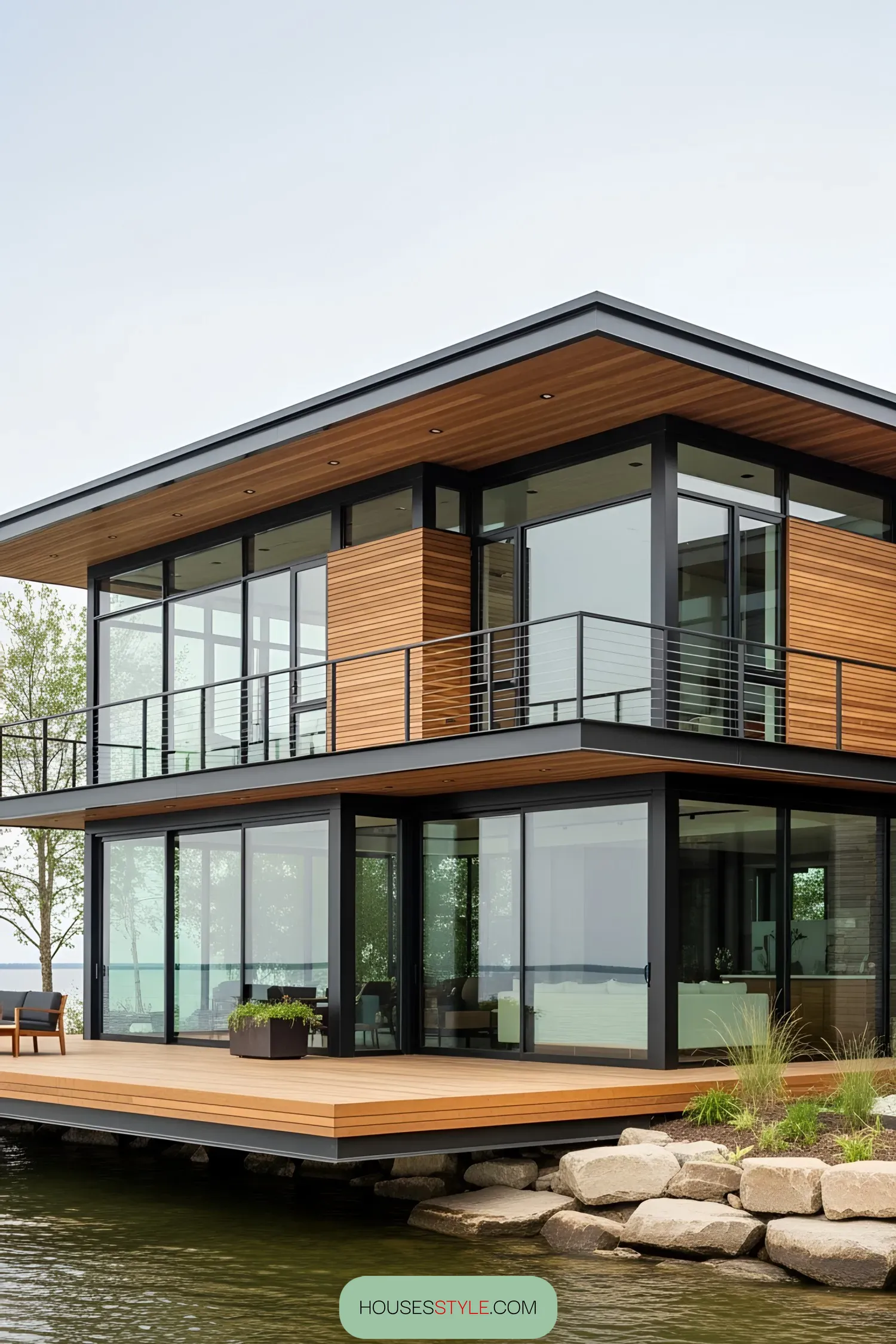 Sleek modern lake house with wooden accents and large glass windows