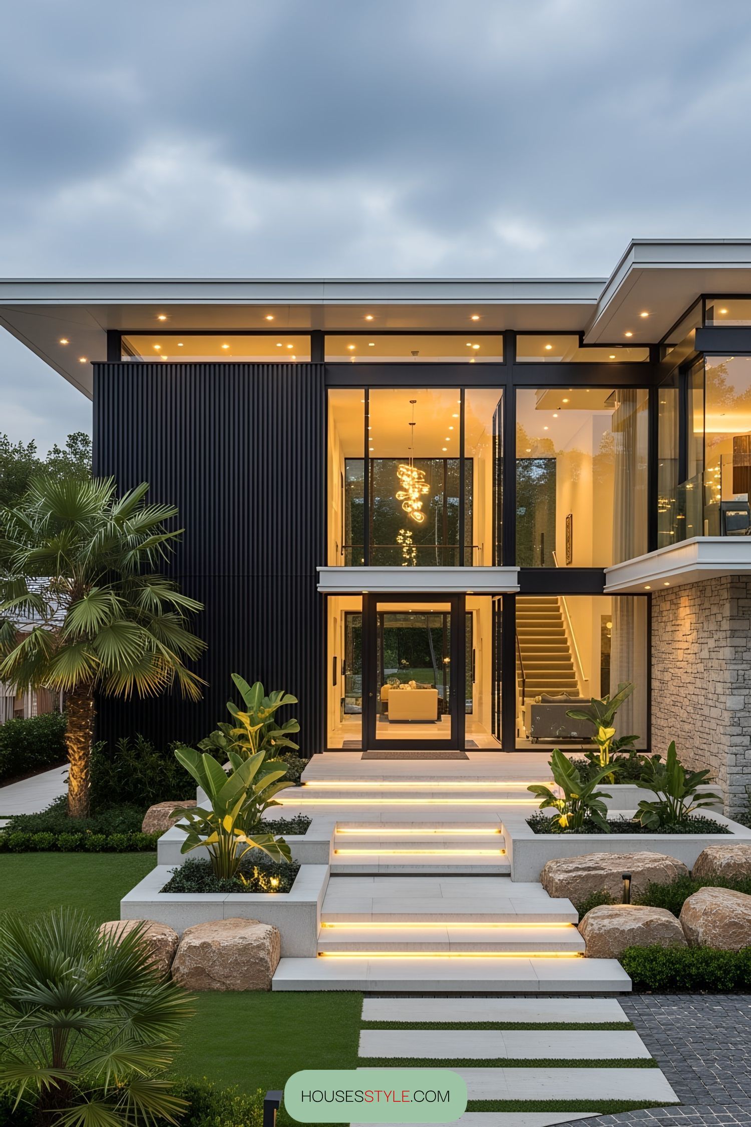 Luxury villa front with modern design and lush plants