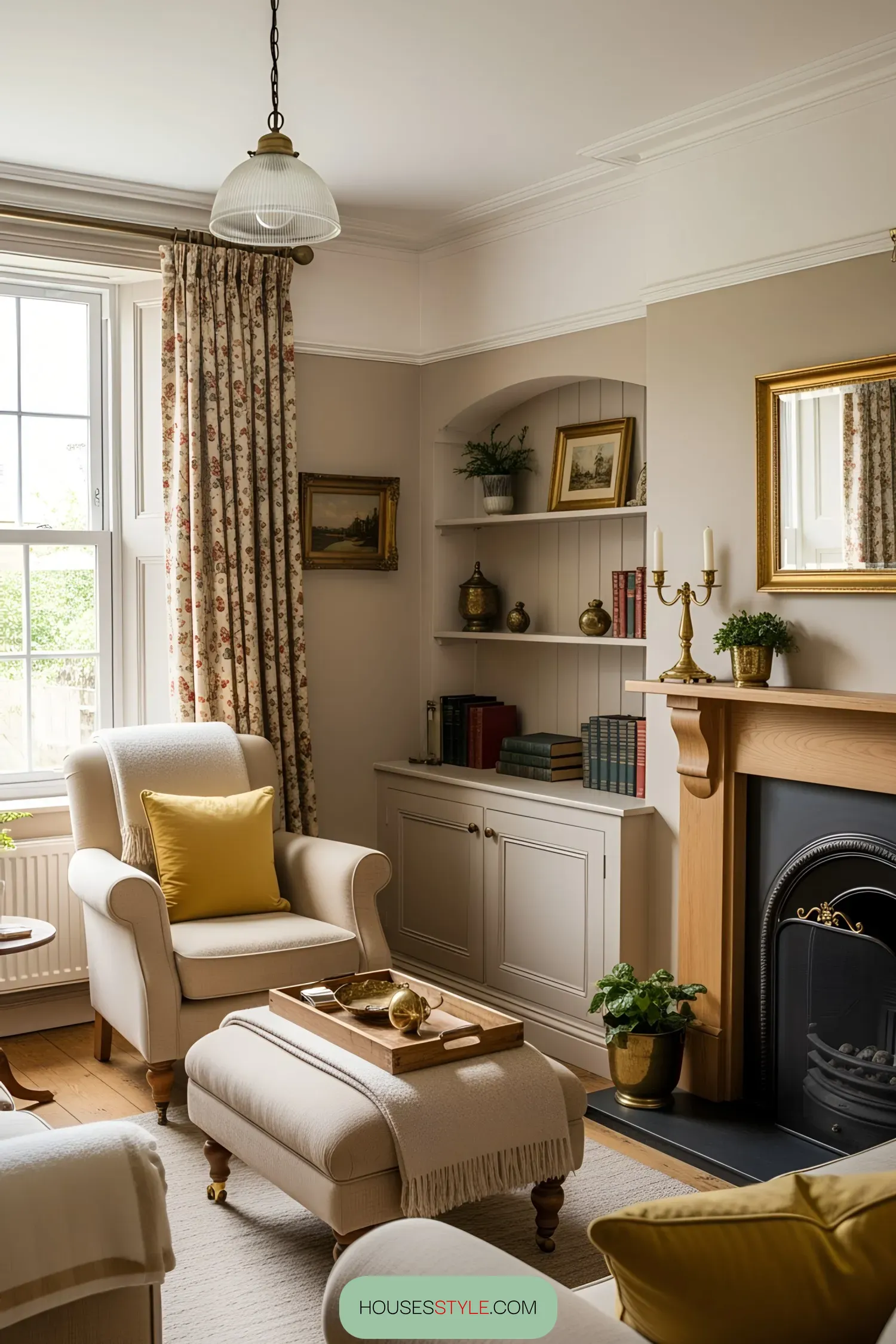 Cozy living room with armchairs and fireplace