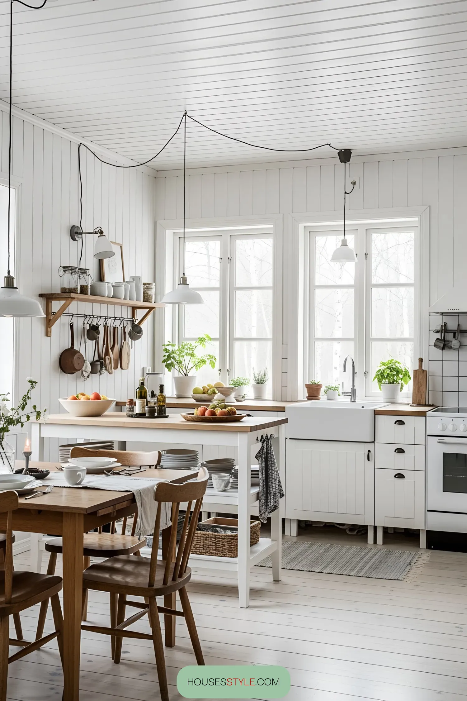 Bright white Swedish kitchen with rustic accents