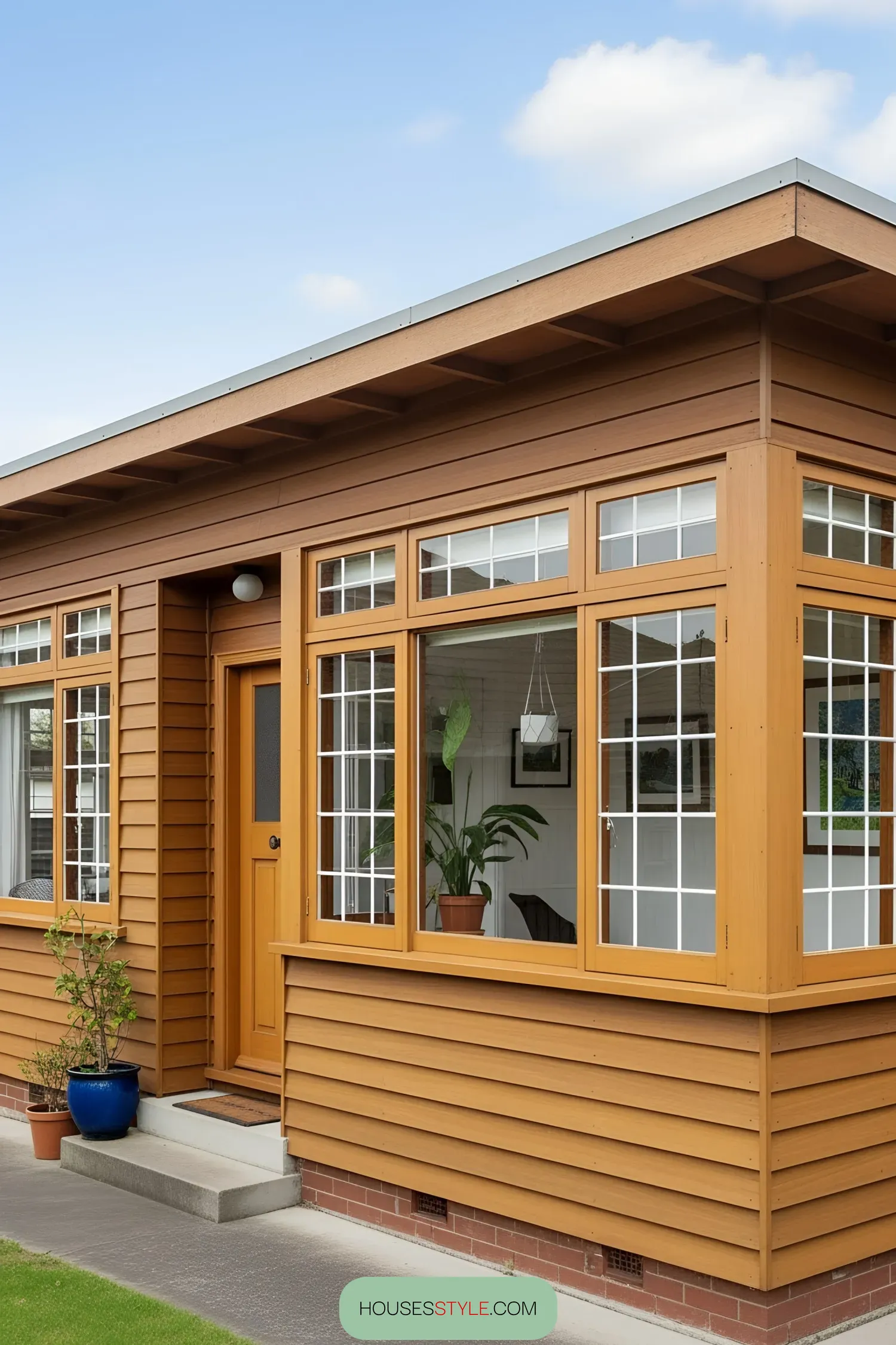 Cozy wooden bungalow with large windows and a vibrant potted plant